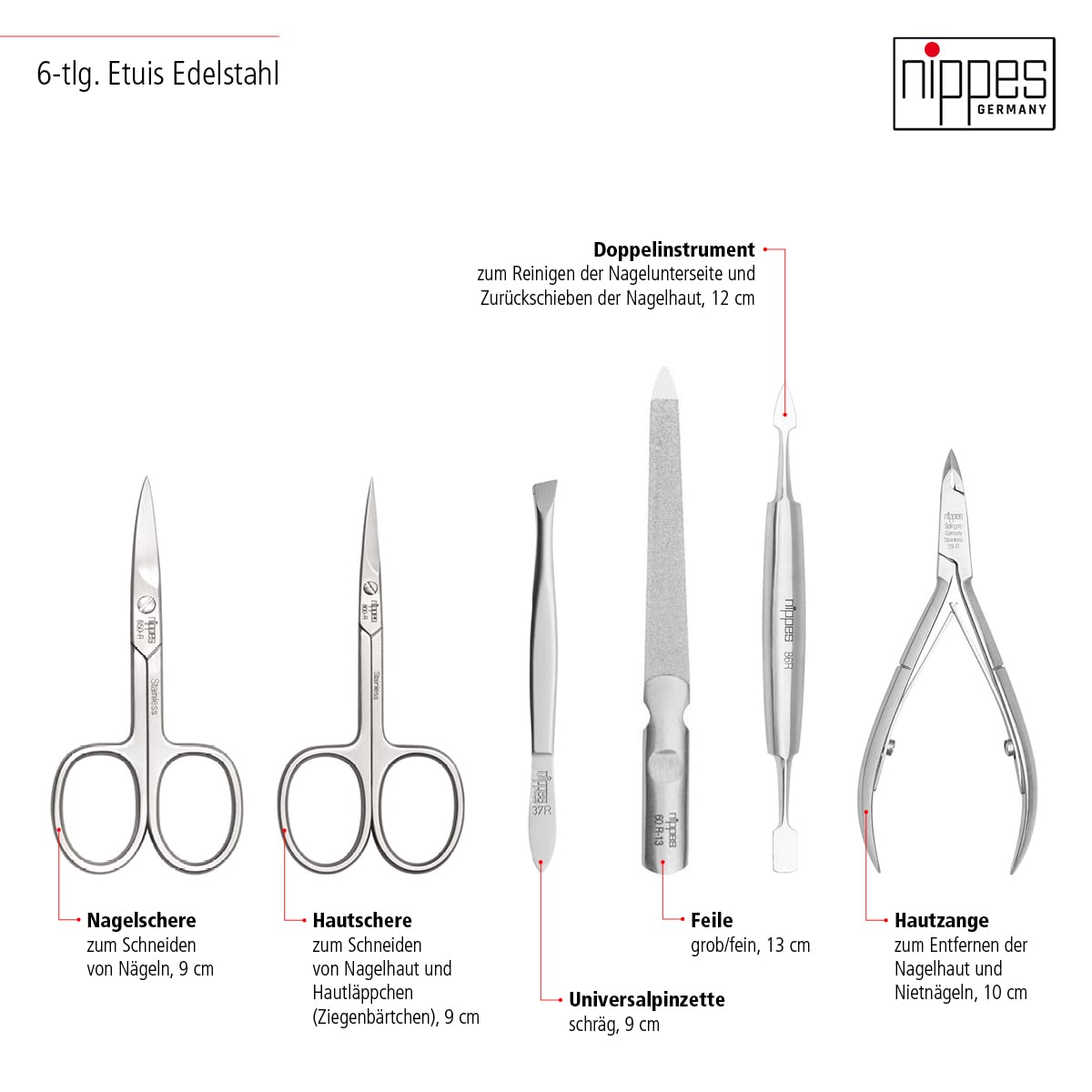 nippes Solingen Premium Line Wild Red, 6-częściowy zestaw do manicure, stal nierdzewna, nie zawiera niklu, etui ze skóry bydlęcej z zatrzaskami, czerwony/czarny, zestaw do pielęgnacji paznokci, Made
