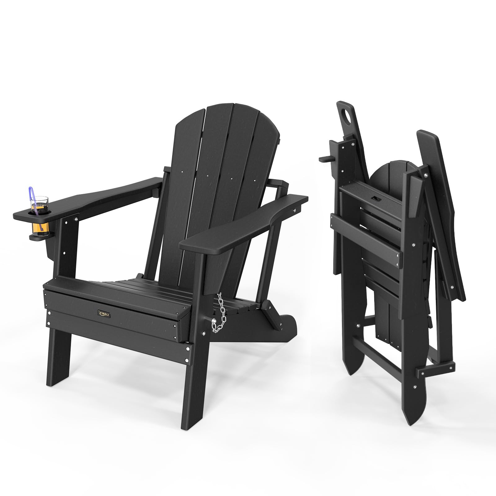 VINGLI Adirondack Stuhl aus HDPE-Kunststoff, Outdoor Gartenstuhl Klappbar mit Getränkehalter, Wasserdichter Gartensessel bis 172 kg belastbar, für Garten, Terrasse, Pool, Feuerkorb, Schwarz