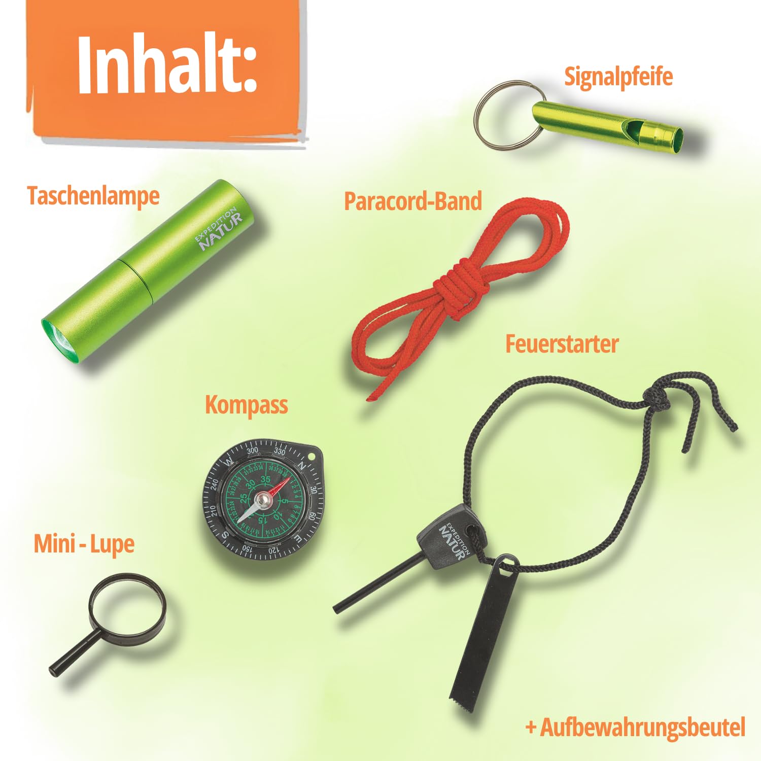 Moses. Expedition Natur Survival Kit para niños, Kit de Supervivencia para niños con Linterna, brújula, iniciador de Fuego, Silbato y Paracord, Juguete de Aventura Compacto con Bolsa con mosquetón