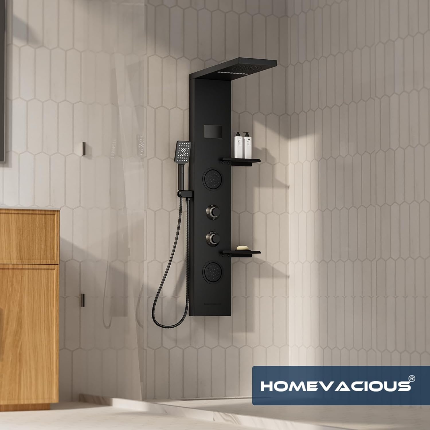 Homevacious 4 In 1 Shower Panel Shelf LED Rainfall Shower Head and Adjustable Massage Body Jets 3-Functions with Handheld Shower Tub Spout Stainless Steel Bathroom Shower Fixtures Matte Black