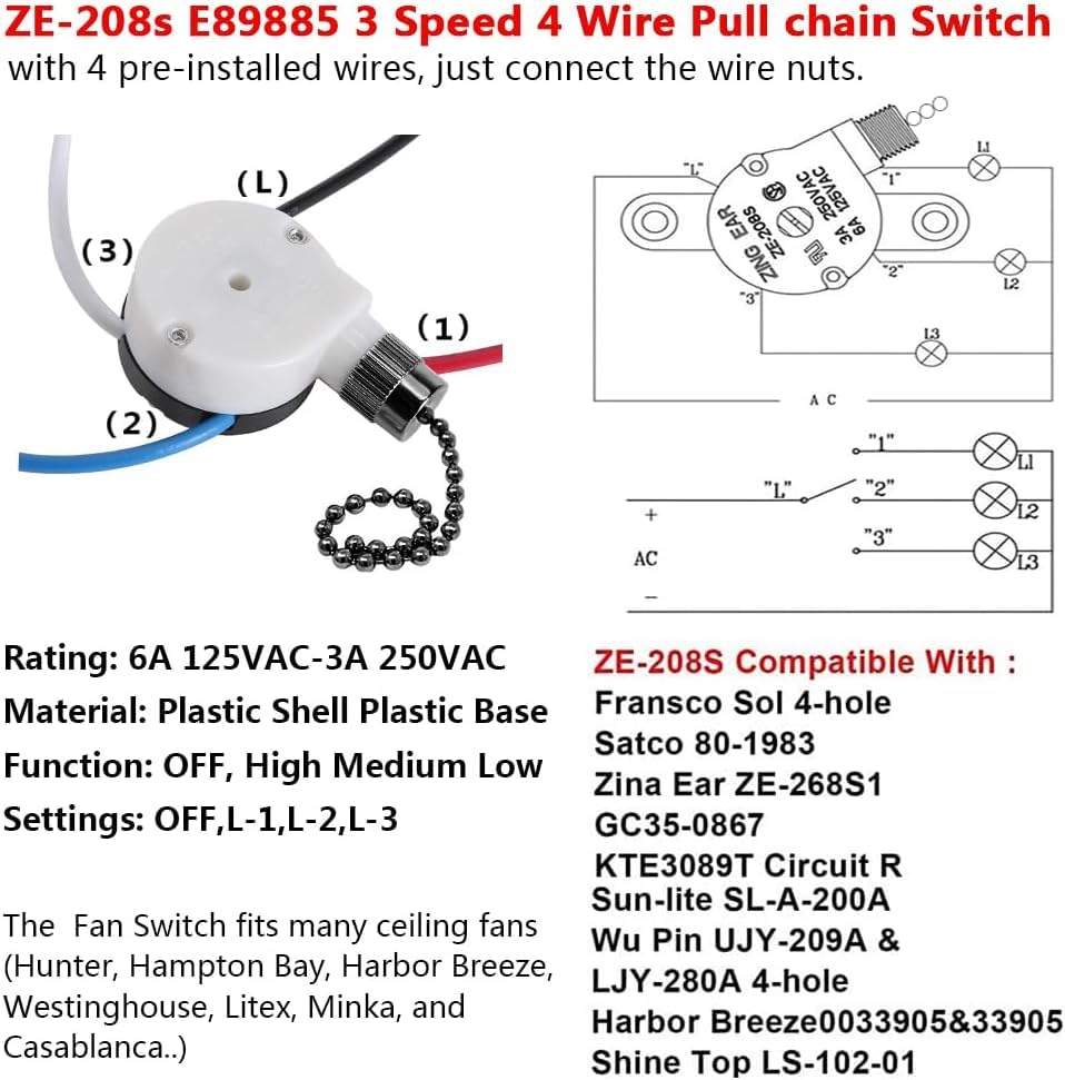 Image of 2PS Ceiling Fan Switch Zing Ear ZE-208s E89885 3 Speed 4 Wire Pull Chain Switch Fan Light Switch Replacement Part With 4 Pre-Installed Wires(Black Chain)