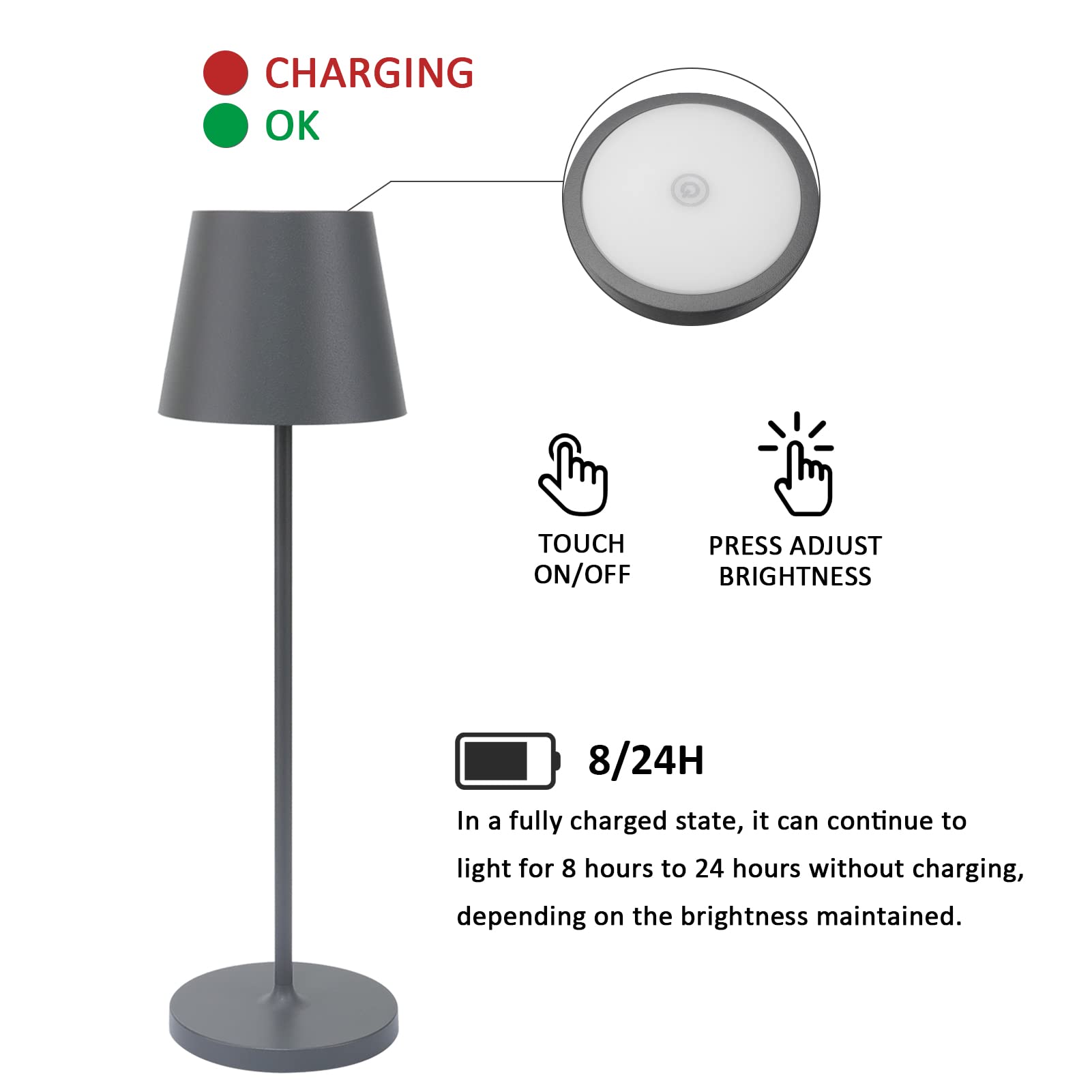 K-Bright Lámpara de mesa con batería LED | Regulable brillo | Recargable Color de luz blanca cálida | Para interior y exterior | con contacto base de carga | gris oscuro