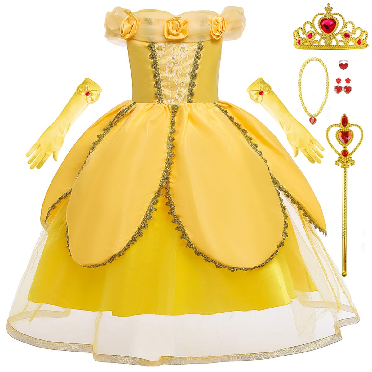 iTVTiPrincess Belle Dress up Costume for Girls Yellow Dresses Halloween Cosplay Birthday Outfit with Accessories