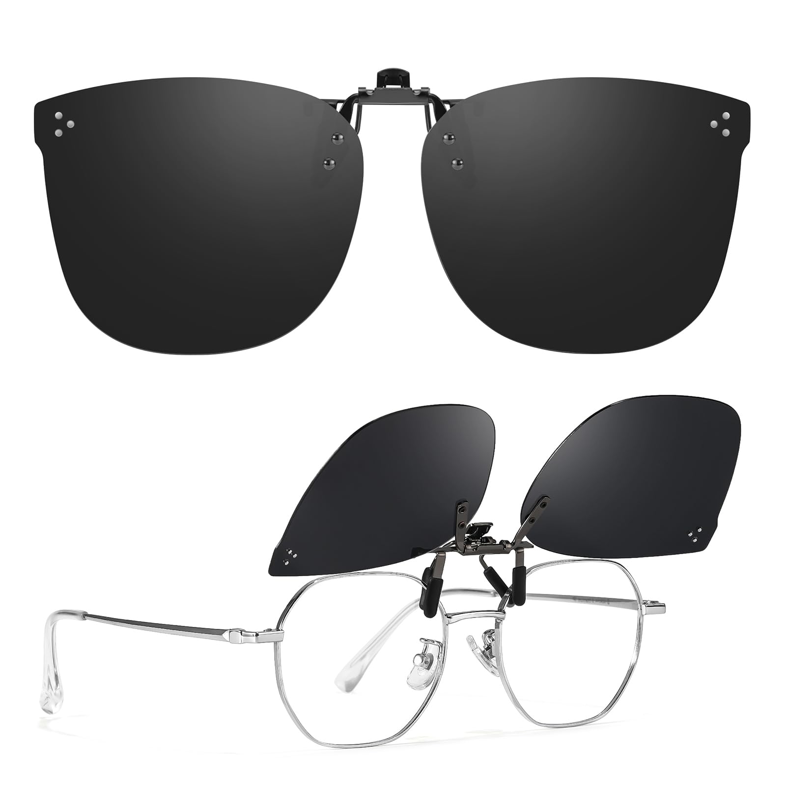 TJUTR Oversized Clip-On Sunglasses Over Prescription Glasses Polarized UV400 Protection Flip-Up Sun Shades with Metal Clip