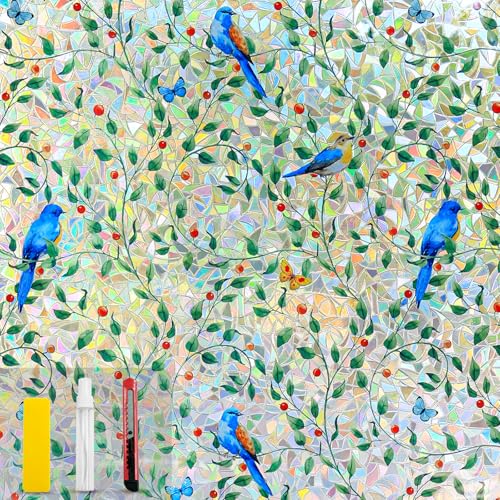 COUNTEWOL Colorful Bird and Floral Window Privacy Film Stained Glass Window Film Rainbow Window clings Non-Adhesive Reusable Decorative for Room (Green Vine Birds, 17.5 x78.7 in)