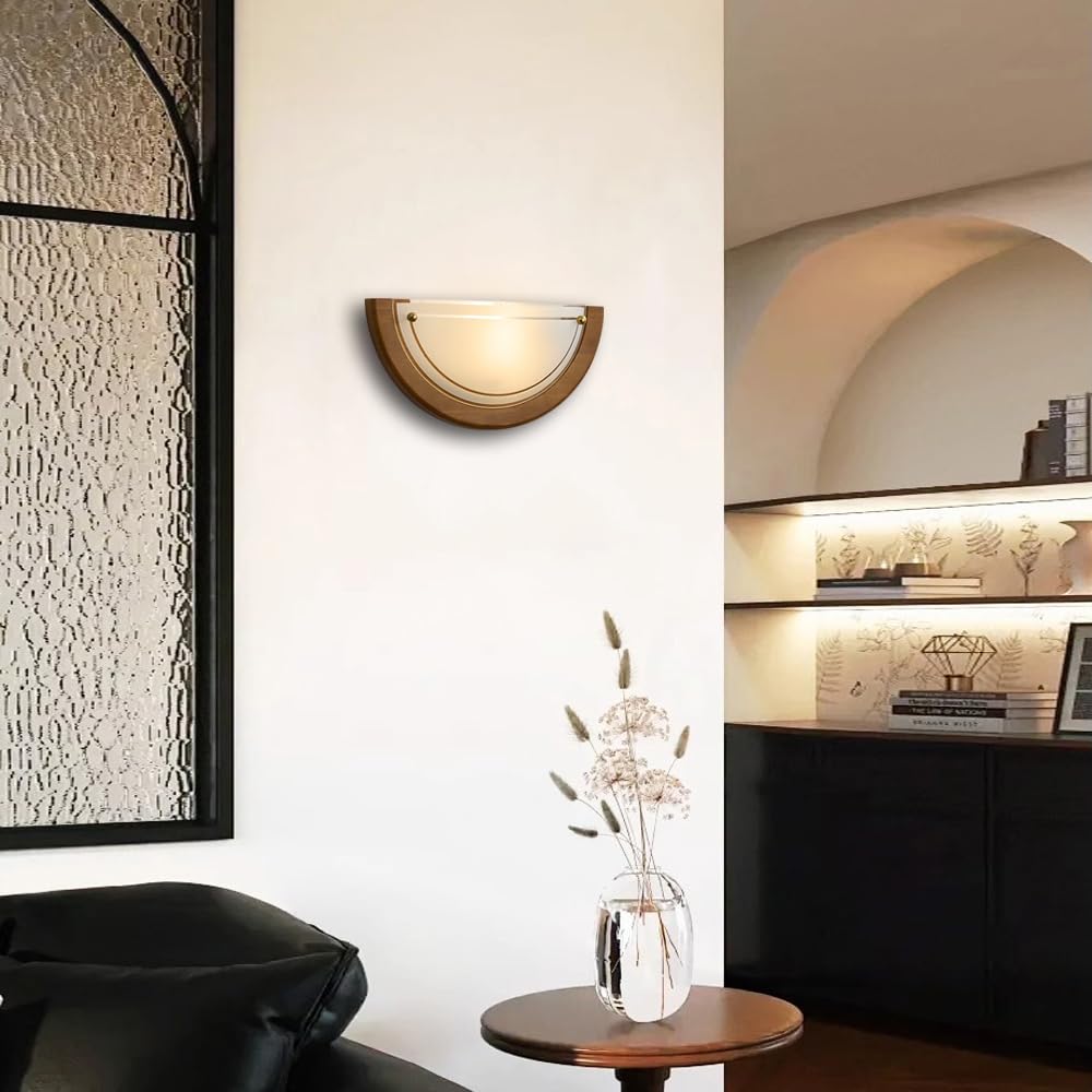 Applique da parete semicircolare in legno e vetro, stile industriale nordico, con sorgente luminosa G9, ideale per soggiorno, corridoio e comodino.