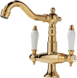 Grifo Lavabo Vintage Giratorio 360° Grifo de Lavabo 2 Mandos agua Fria y Caliente Oro