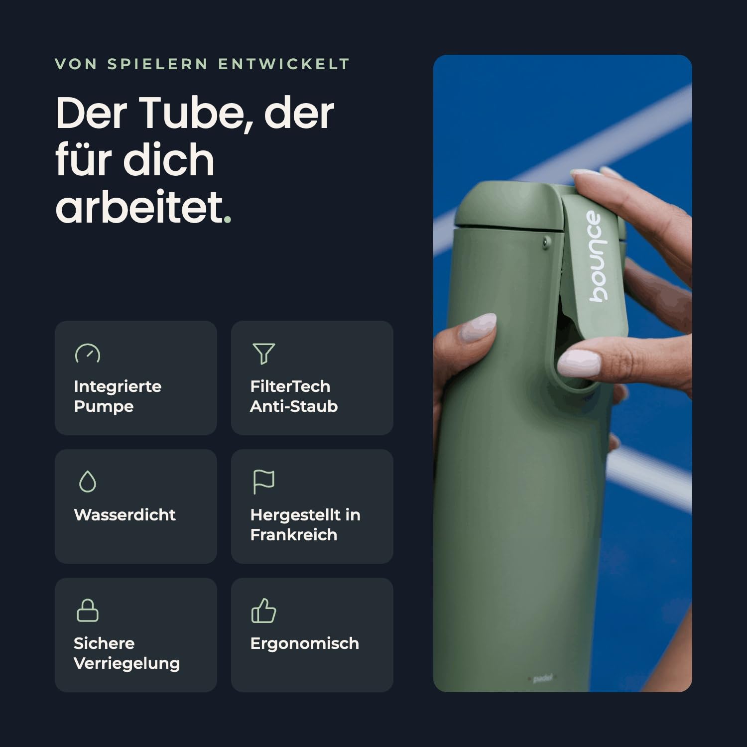Bounce Tube FilterTech - Druckbehälter für Padelbälle - Grün | 5X Längere Lebensdauer – Verbesserte Dichtigkeit 3 Wochen – Patentierte Integrierte Pumpe – Made in France