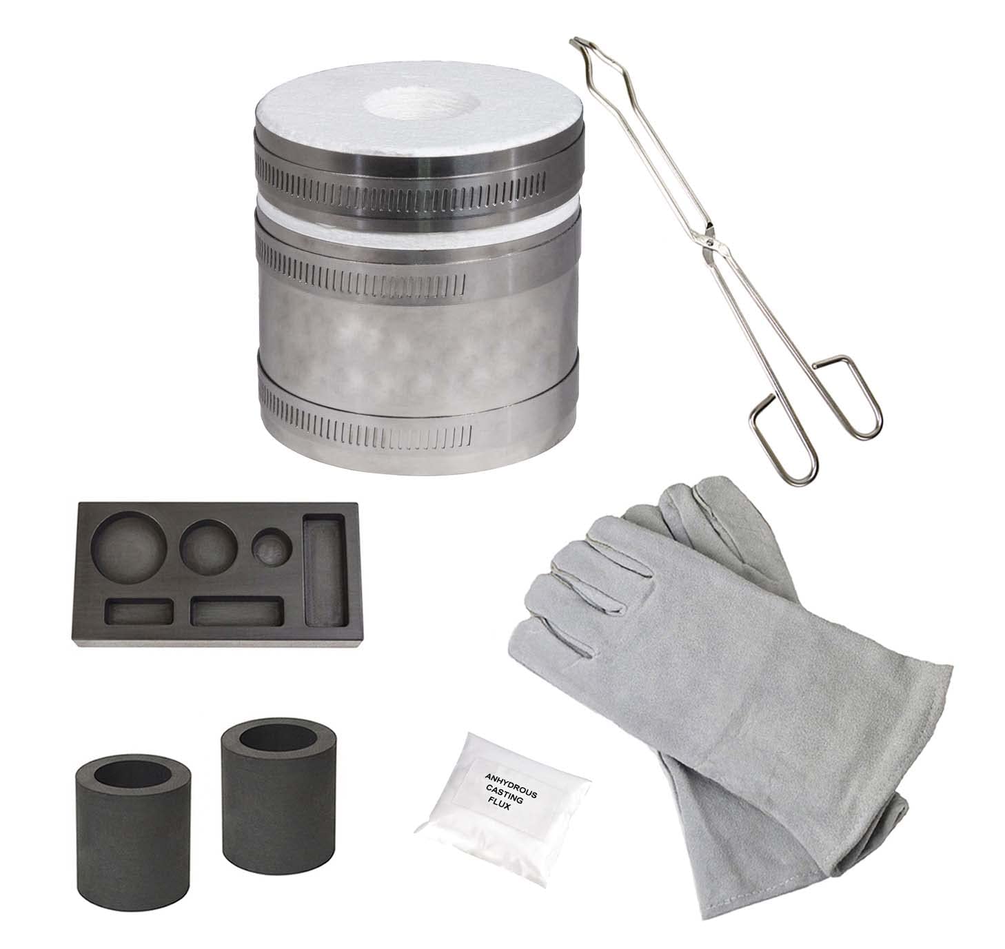 Deluxe Mini Tabletop PRO Kiln Propane Furnace w/ 6 Cavity (1/4, 1/2, and 1 oz) Mold and Safety Gloves Gold Silver Melting Casting Refining Set