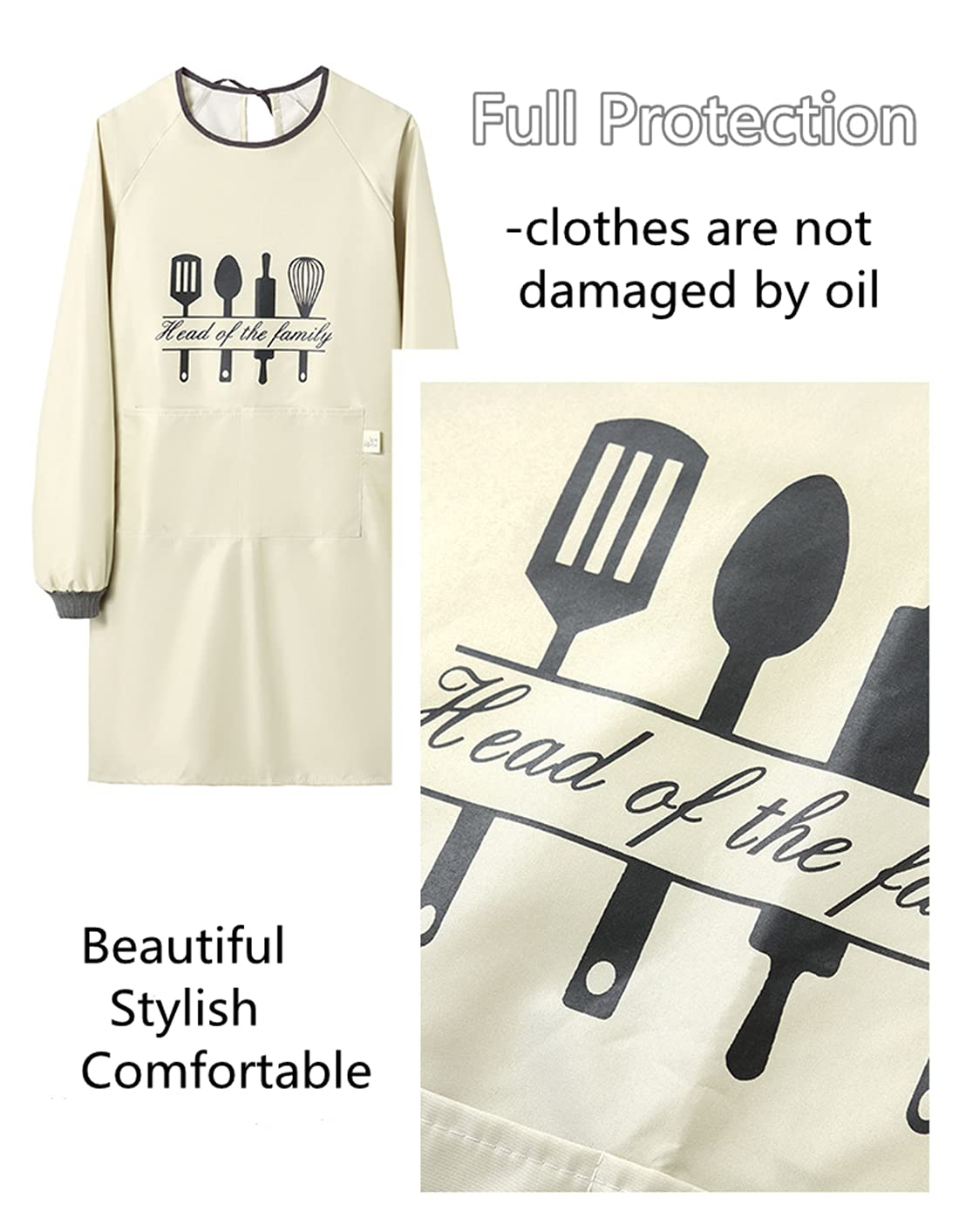 Delantal de cocina para mujer con bolsillos grandes, delantal impermeable de manga larga para cocinar, delantal de chef para barbacoa, regalo de parrilla