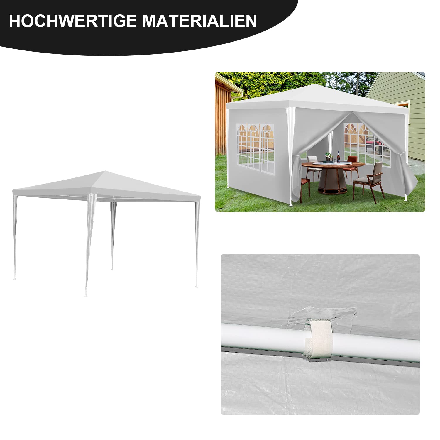 Wodoszczelny pawilon ogrodowy, 3 x 3 m, ochrona przed promieniowaniem UV, stabilny namiot imprezowy, odporny na zimę, namiot biesiadny z 4 ścianami bocznymi i oknami, do ogrodu, na imprezę, wesele, stoisko targowe, biały