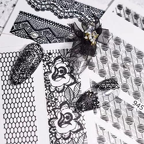 Lace Nail Art Sticker Black Lace 3D Self-Adhesive Nail Sticker Decal For Acrylic Nail -Nail Art Supplies Wedding Nail Design For Women 6Sheets(Black) #TOP5