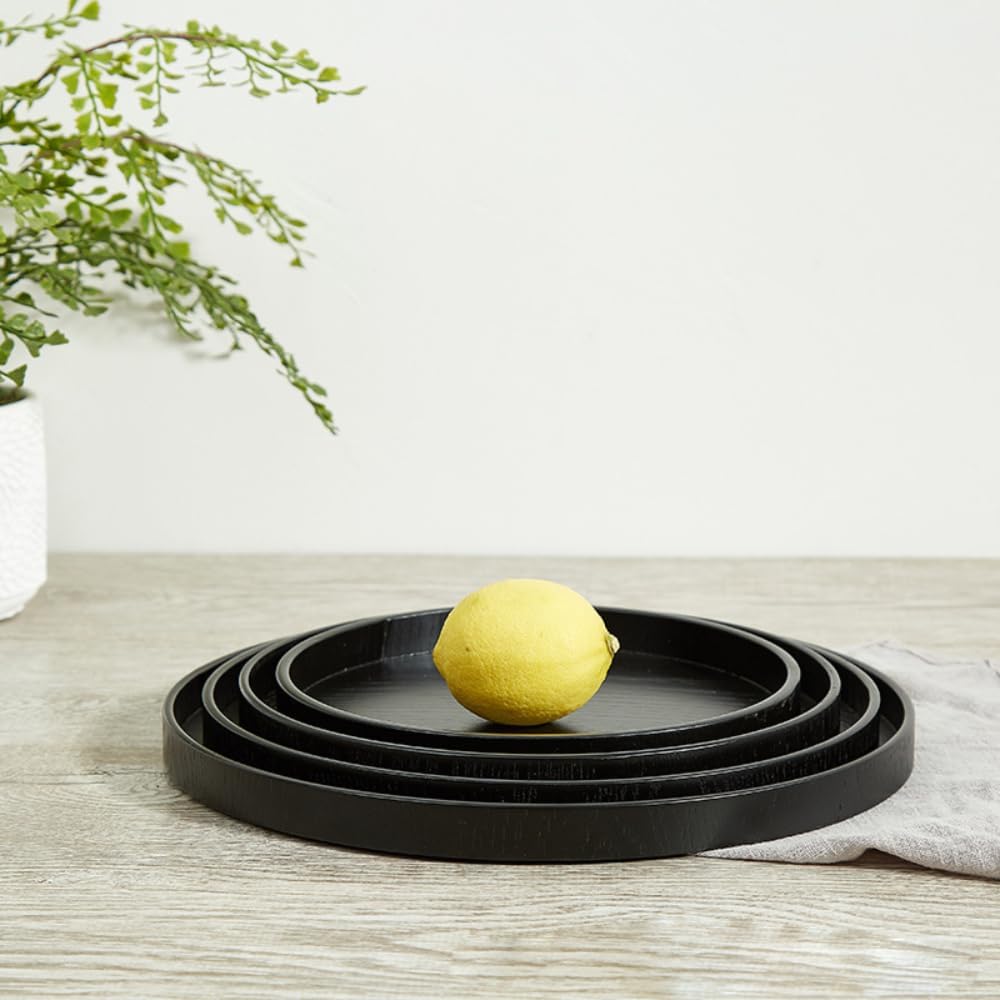Round Wood Serving Tray, Black Tray Decorative Tray Non Slip Tea Coffee Table Tray Snack Plate Food for Restaurant Home Decor (24cm)
