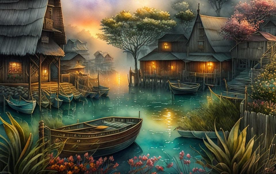 Toile village de pêcheurs art mural brume matinale format 50x70 cm