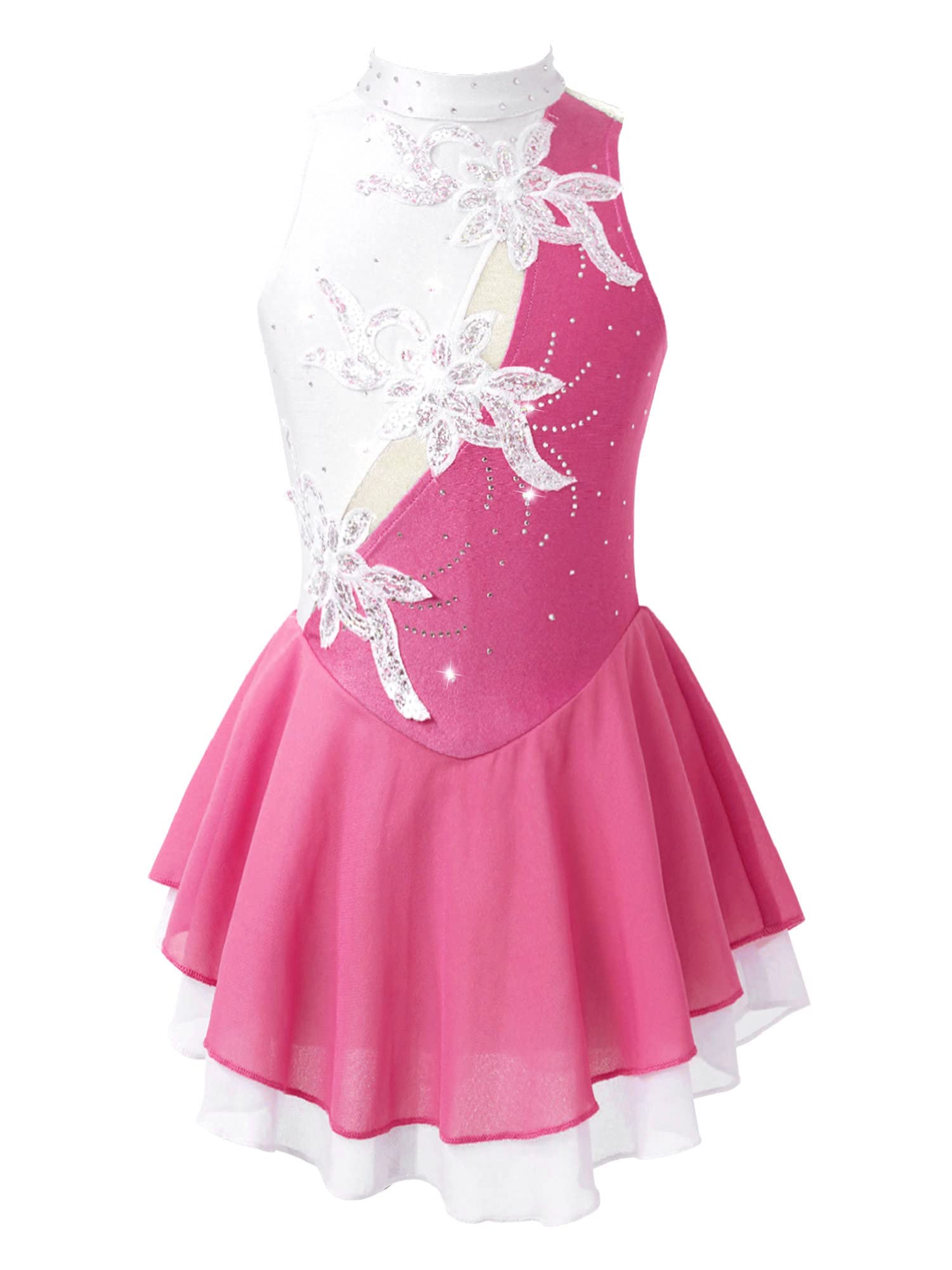 IEFIEL Vestido de Patinaje Artístico para Niña Maillot Ballet con Falda Malla de Gimnasia Rítmica sin Mangas con Lentejuelas Brillantes Vestido de Danza Lírica — view 26