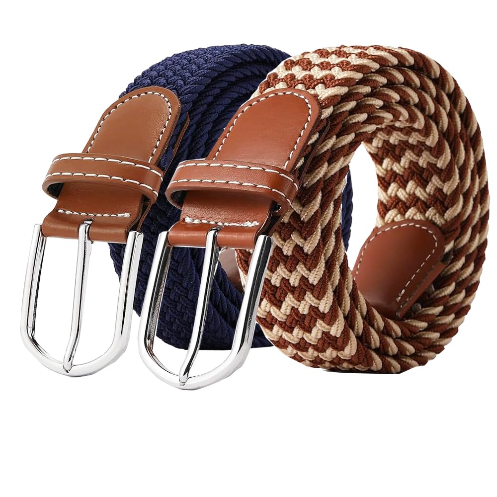 SZJH Set of 2 Womens Belt Casual Braided Elastic Fabric Woven Stretch Elasticated Belts