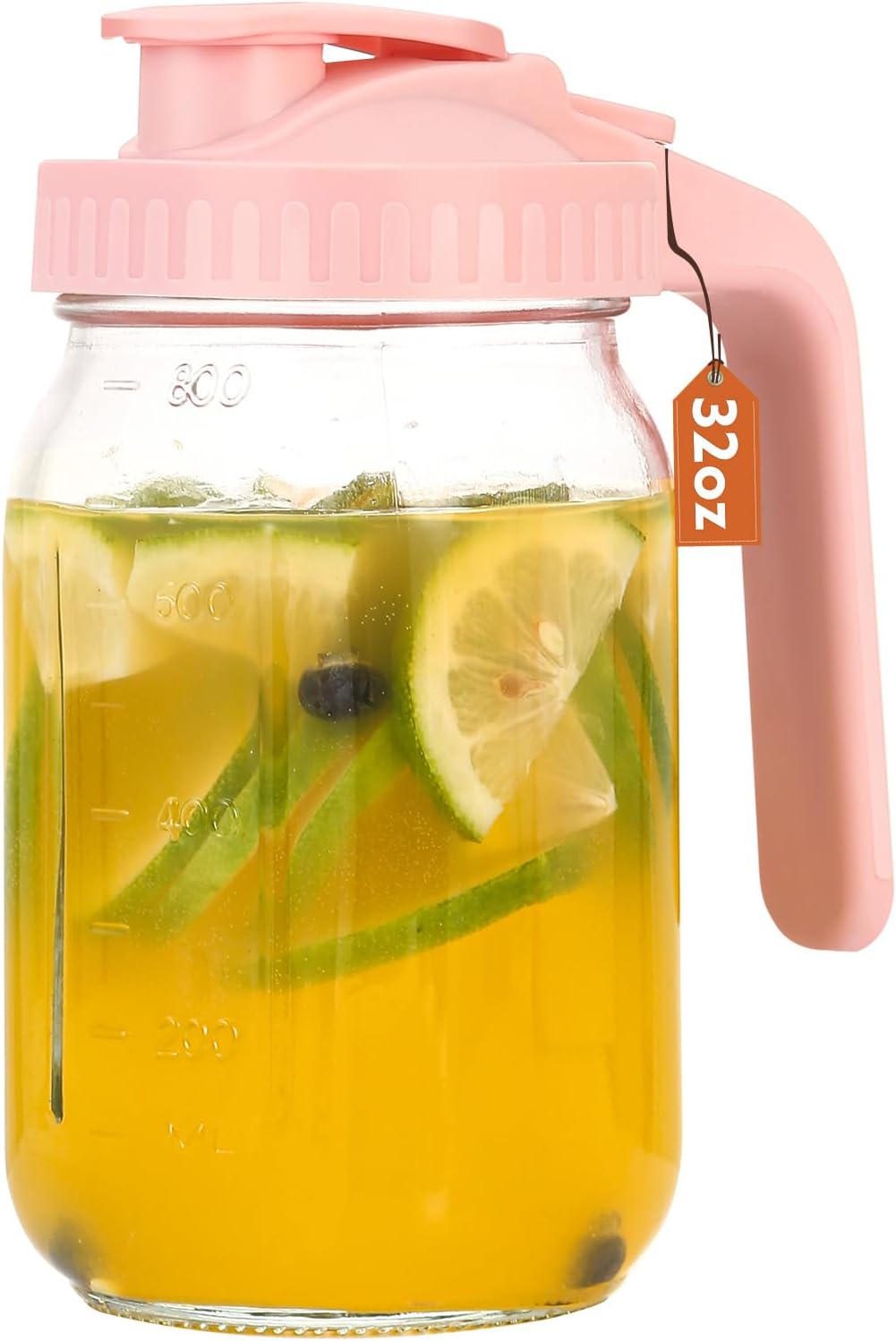 Mason Jar Pitcher With Lid and Spout, 32 OZ Glass Milk Pitcher for milk, Thick Glass Jug Sun Tea Pitcher, Drinks Container, Mason Jar Pour Spout Lid with Wide Mouth for Fridge(1Pack,Pink) 1Pack 32OZ Pink