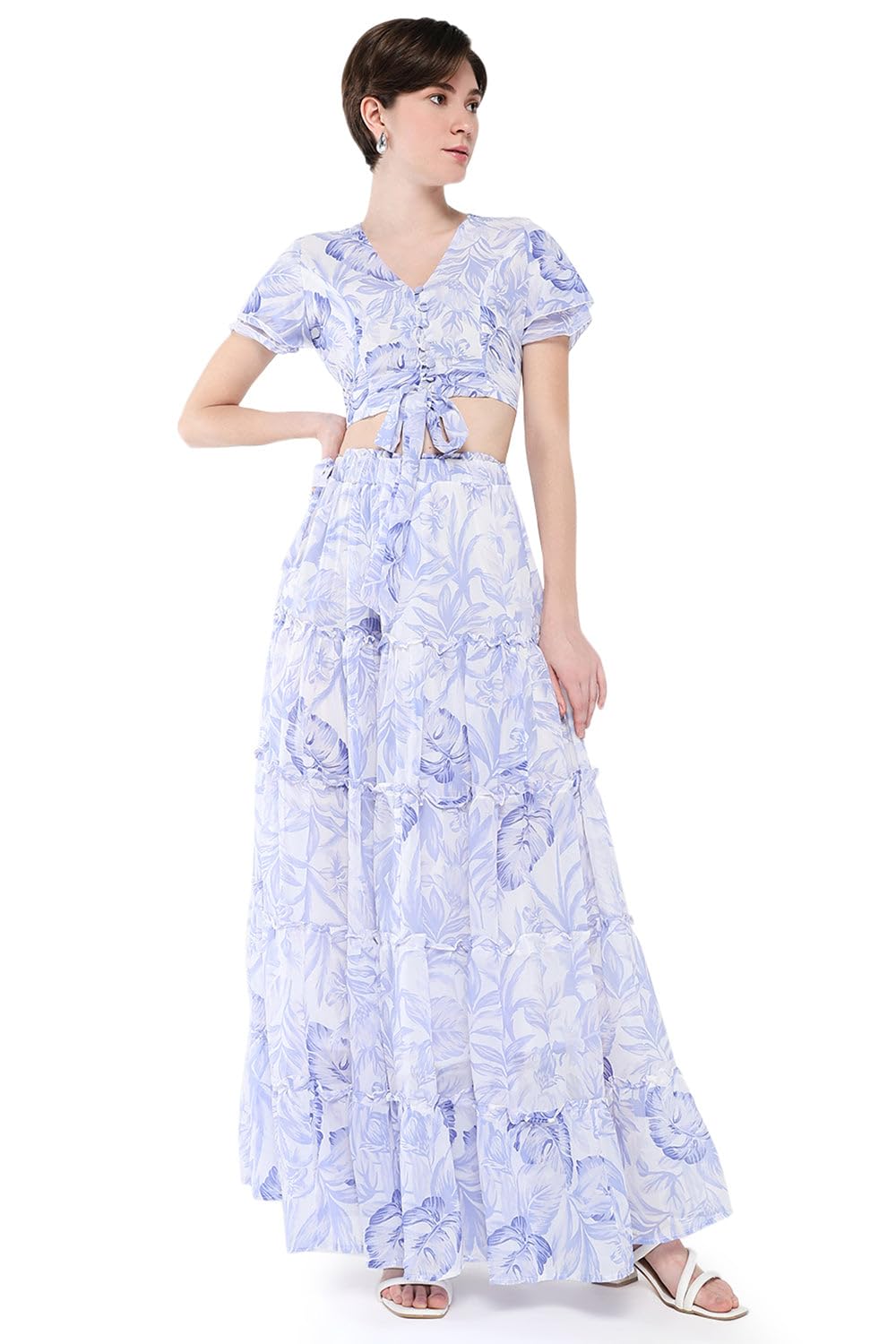 Women Floral Two-Piece Co Ords | V Neck Half Sleeves Georgette Co-Ords for Womens | Mid-Rise Regular Fit Co-Ord for Women's-image-11