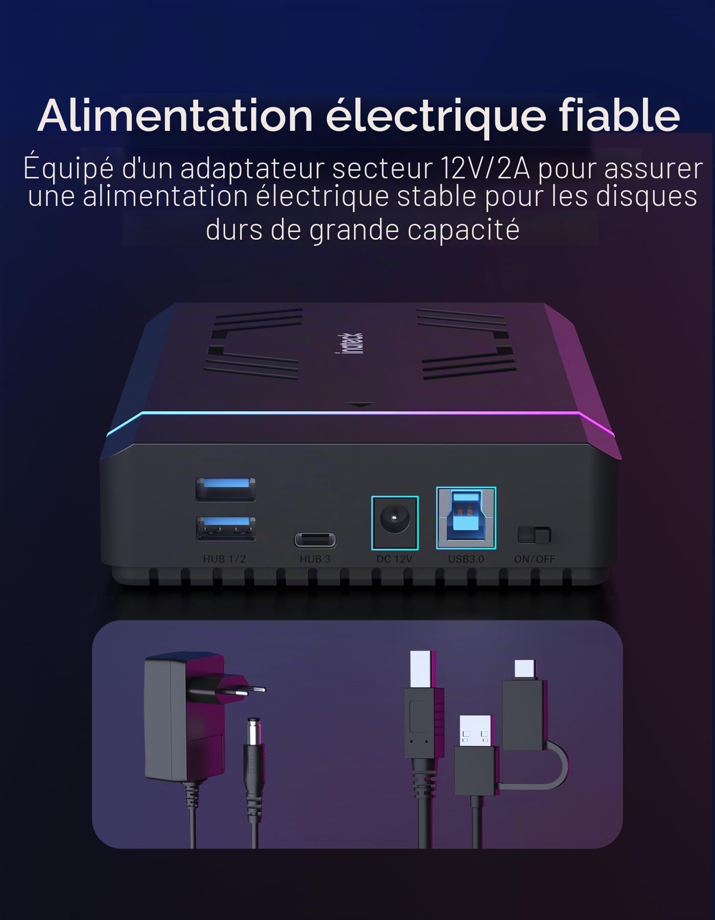Inateck Boîtier Disque Dur RGB 3,5 Pouces, Boîtier Externe USB 3.0 pour SATA HDD et SSD 2,5''/3,5'', avec Ports d'Extension et Adaptateur d'alimentation 12V/2A, Prend en Charge jusqu'à 20 to, FE3003