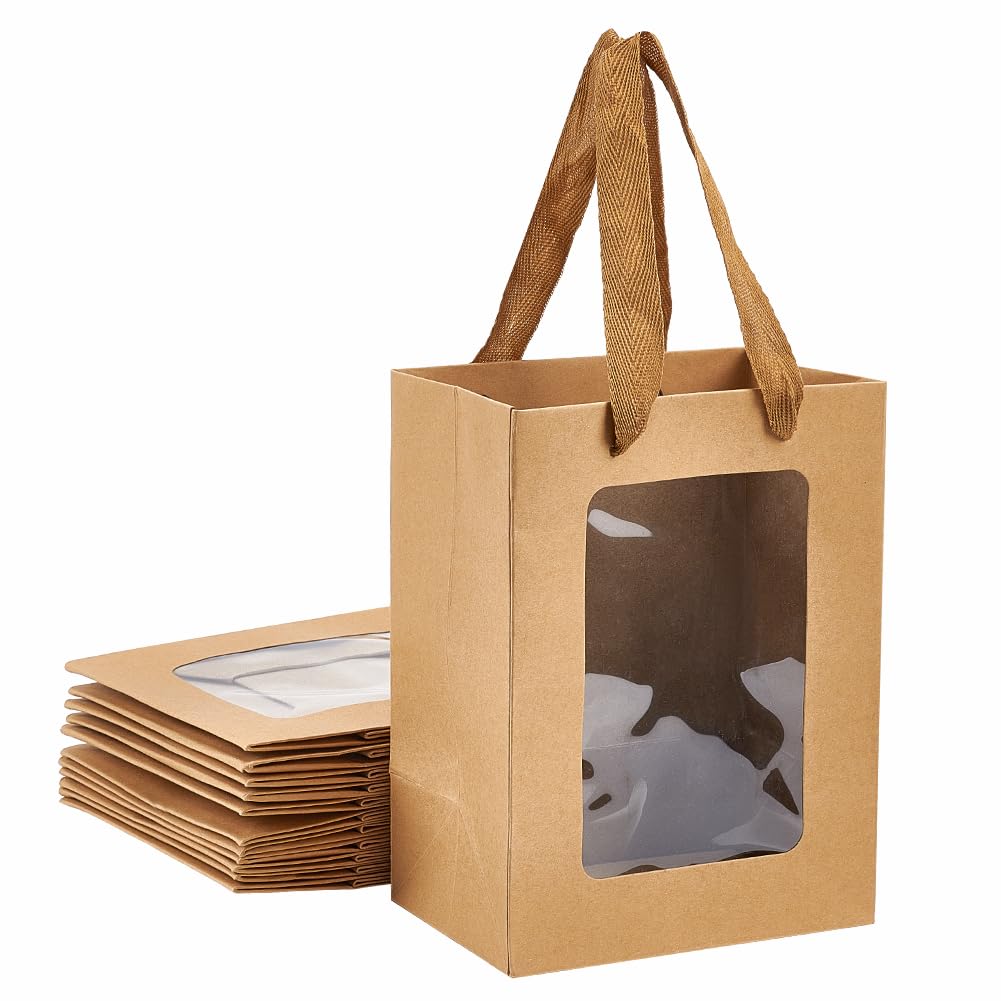 NBEADS 20 Pcs Kraft Paper Gift Bags with Clear Window, Paper Gift Tote with Handles Shopping Bags for Birthday Bridal Shower Festival Party, Camel, 20x15x10.3cm
