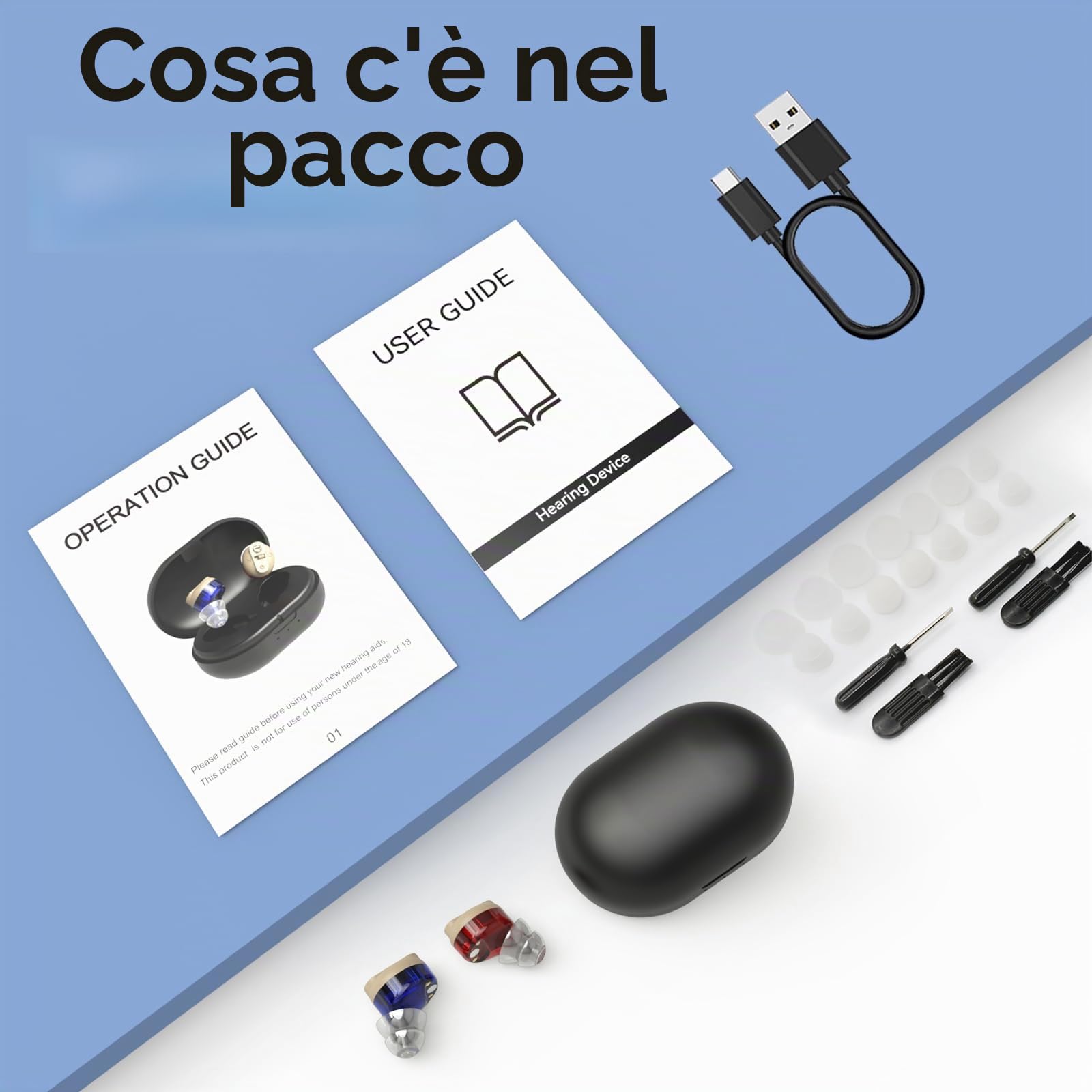 Apparecchi acustici per anziani, ricaricabili, guadagno sonoro di 30±5dB, amplificatori acustici di backup di 300 ore