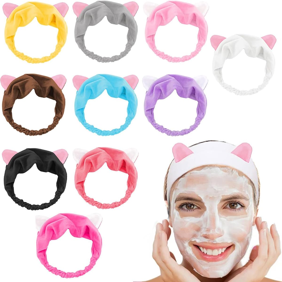 guowanpp Pack of 10 Hair Bands, Spa, Beauty & Cat Ear Headband for Women & Girls, Perfect Headband for Washing Face Shower