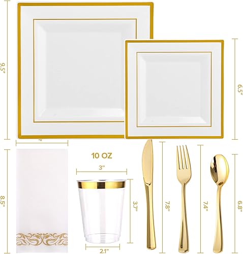 Miniatura 2 de FOCUSLINE Juego de vajilla dorada de 175 unidades para 25 invitados, platos cuadrados de plástico con borde dorado, incluye 25 platos desechables