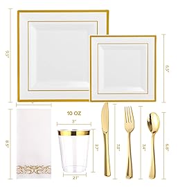 FOCUSLINE 175 Count Gold Dinnerware Set for 25 Guests - Square Plastic Plates with Gold Rim, Includes 25 Disposable Dinner & Dessert Plates, Napkins, Cups, Cutlery Set for Wedding Parties