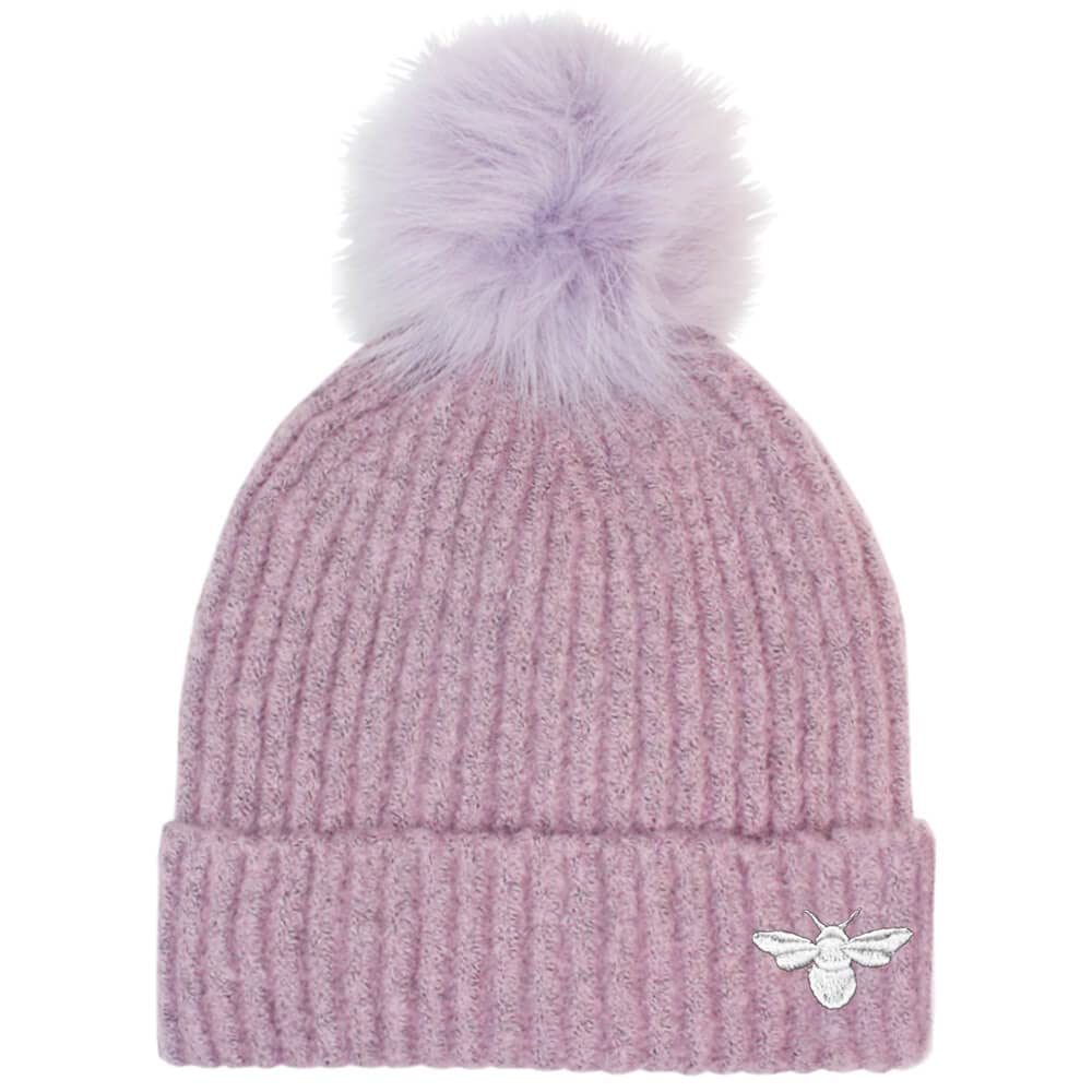 TeddyT's Ladies Luxury Fleece Lined Embroidered Bumble Bee Rib Bobble Hat (Heather & Silver)