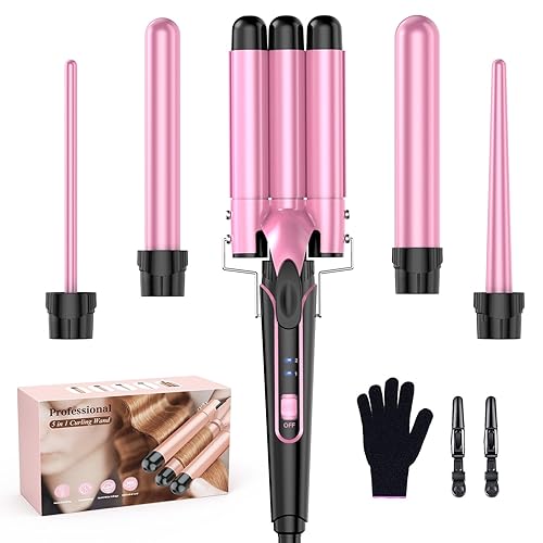 Waver - Rizador de rizador BESTOPE PRO 5 en 1 con 3 barriles para mujer, rizador de pelo de calentamiento rápido en todo tipo de cabello, color rosa