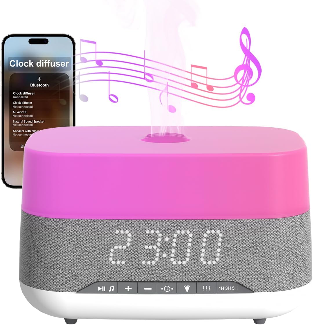 Difusor de Aromas PRIBUY 300ml con Bluetooth, Reloj y Luz Nocturna