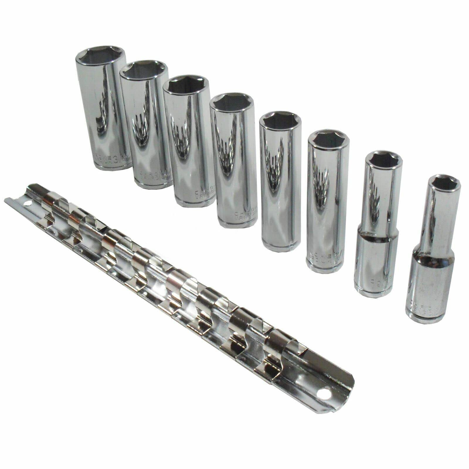 Dunnet Tools 8Pc Imperial Size Deep Sockets 8 Piece 3/8" Drive Socket Set Imperial Heavy Duty Hex Socket Tool Set 5/6" - 3/4" Chrome Vanadium Heavy Duty Sockets With Rail 3/8" Socket Sets