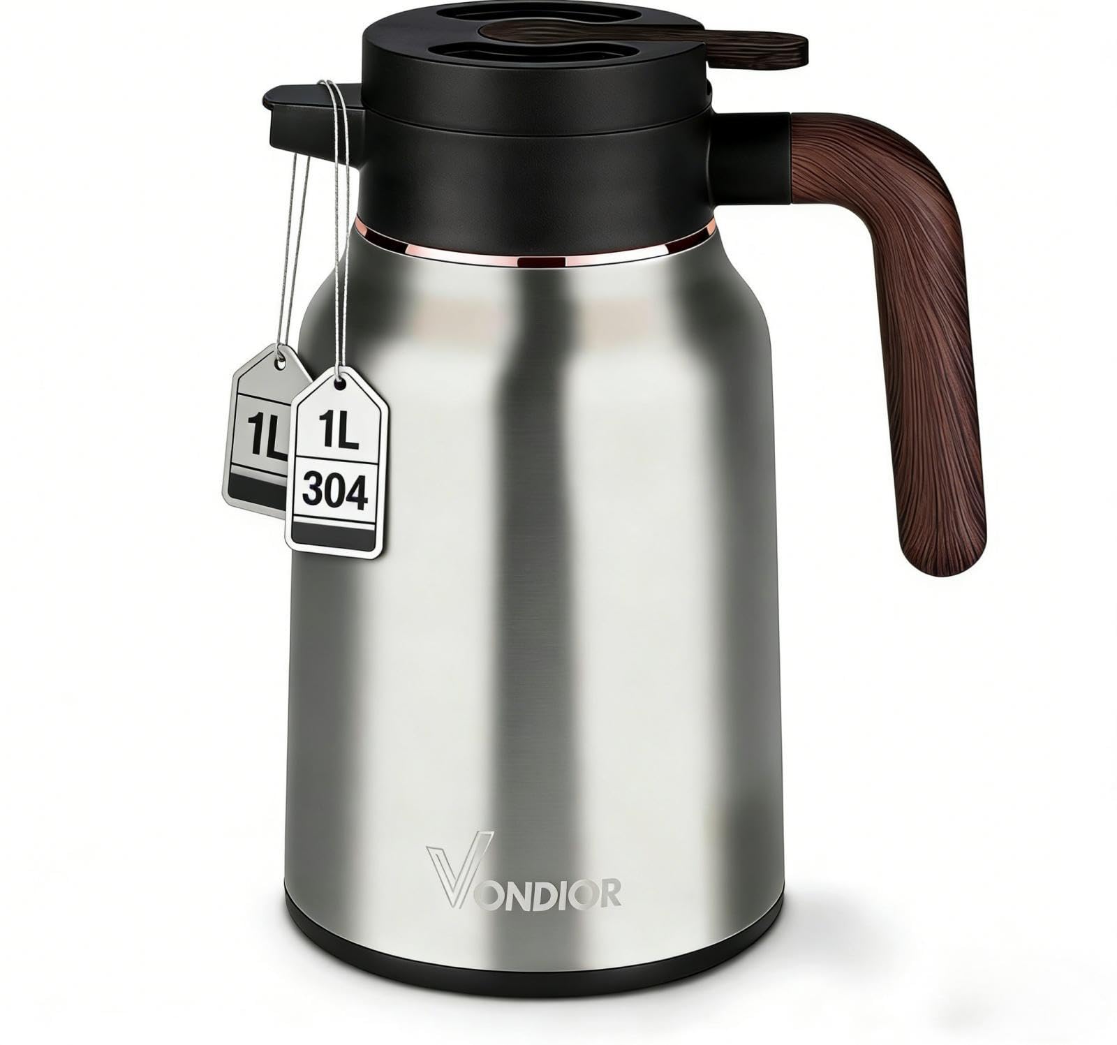Vondior Thermal Coffee Carafe Jugs, Insulated Pump Coffee Pot Stainless Steel, Vacuum Jug Teapot for Hot/Cold Water, Party Chocolate Drinks (1L)