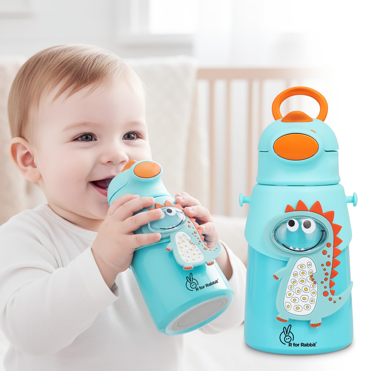 R for Rabbit Steebo Zoobie Premium Stainless Steel Water Sipper for Baby, Spill Proof BPA Free Soft Silicone Straw Drinking Sipper for Kids of 12+ Months (550ml, Blue Dino)-image-16