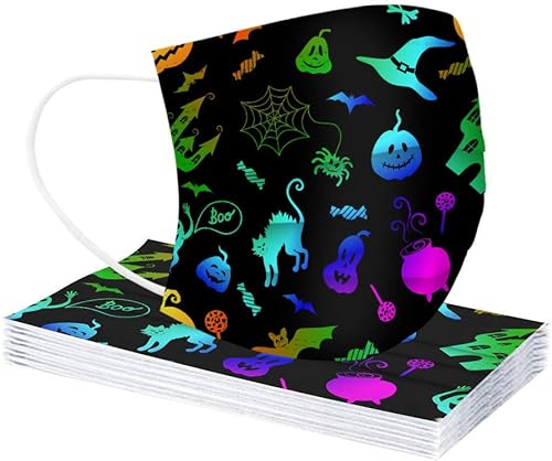 Miniatura 4 de Paquete de 50 mascarillas desechables de Halloween para adultos con estampado de calabaza, 3 capas transpirables de Halloween para mujeres y hombres