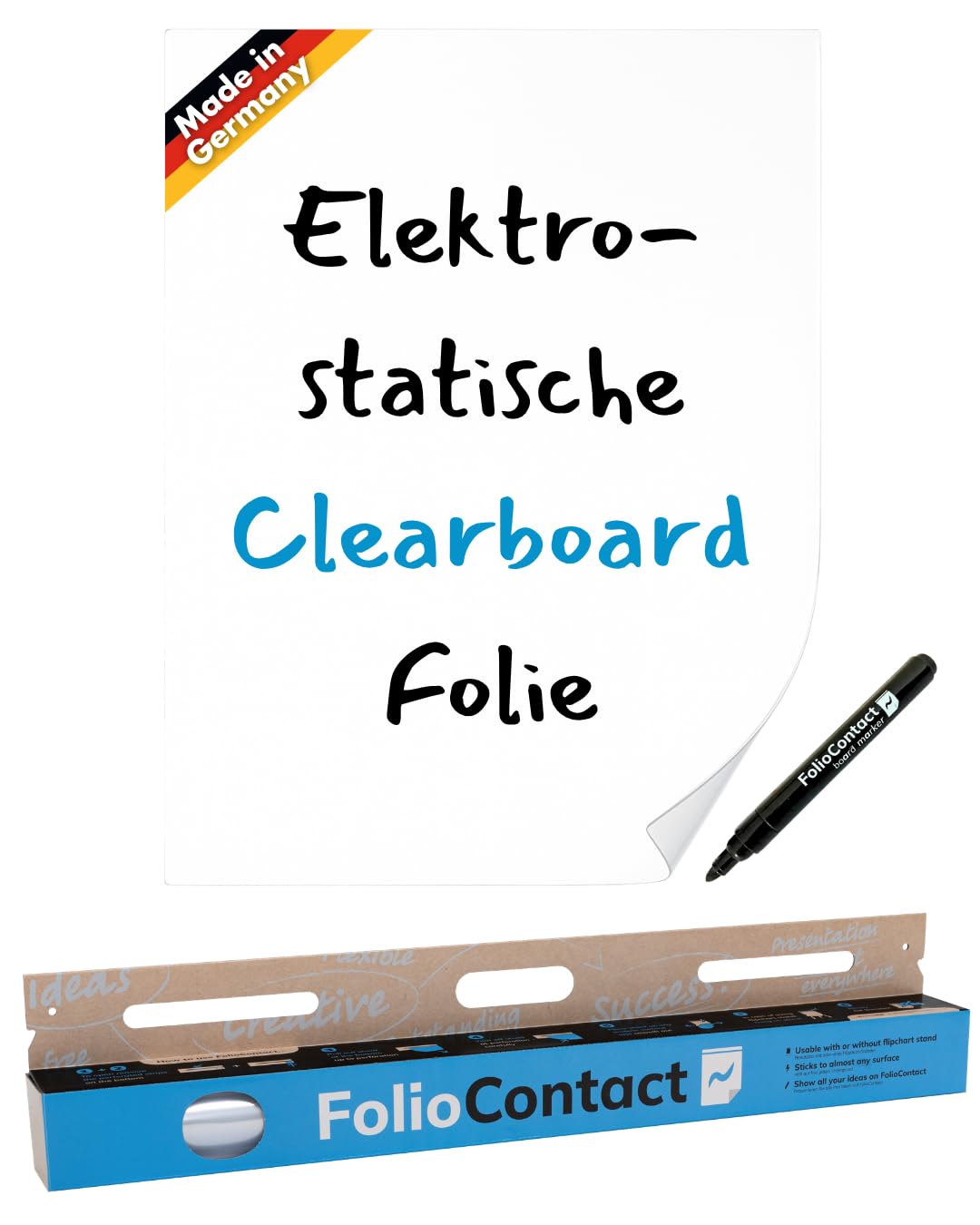 FolioContact Clearboard Folie transparent – statisch haftende Schreibfolie, wiederbeschreibbar & trocken abwischbar – ohne Kleber – 25 Blatt 60 × 80 cm inkl. Boardmarker für Glas, Wand & Büro