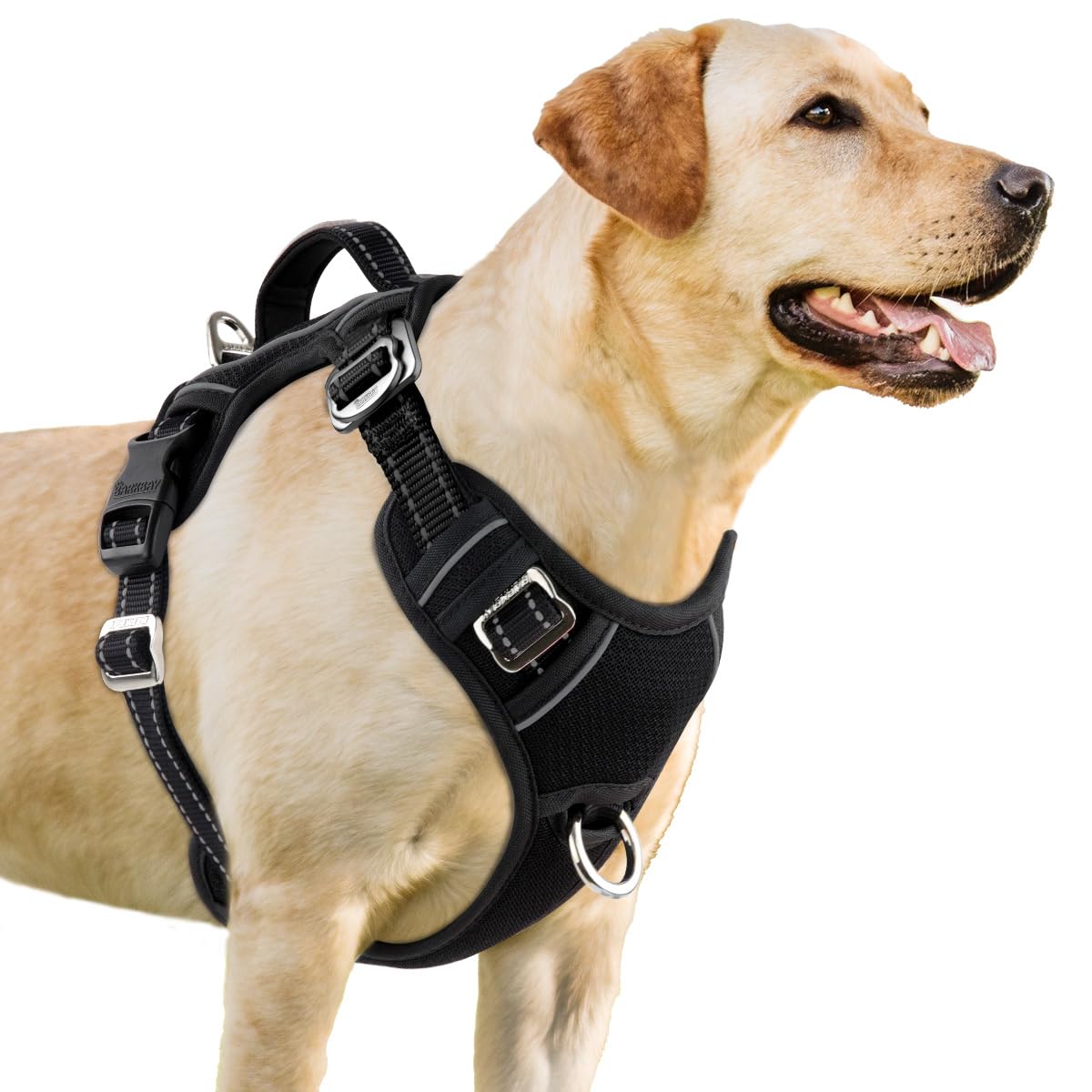 BARKBAY No Pull Dog Harness 3 Buckles Large Reflective Dog Harness with Front Clip and Easy Control Handle for Walking Training Running with ID tag