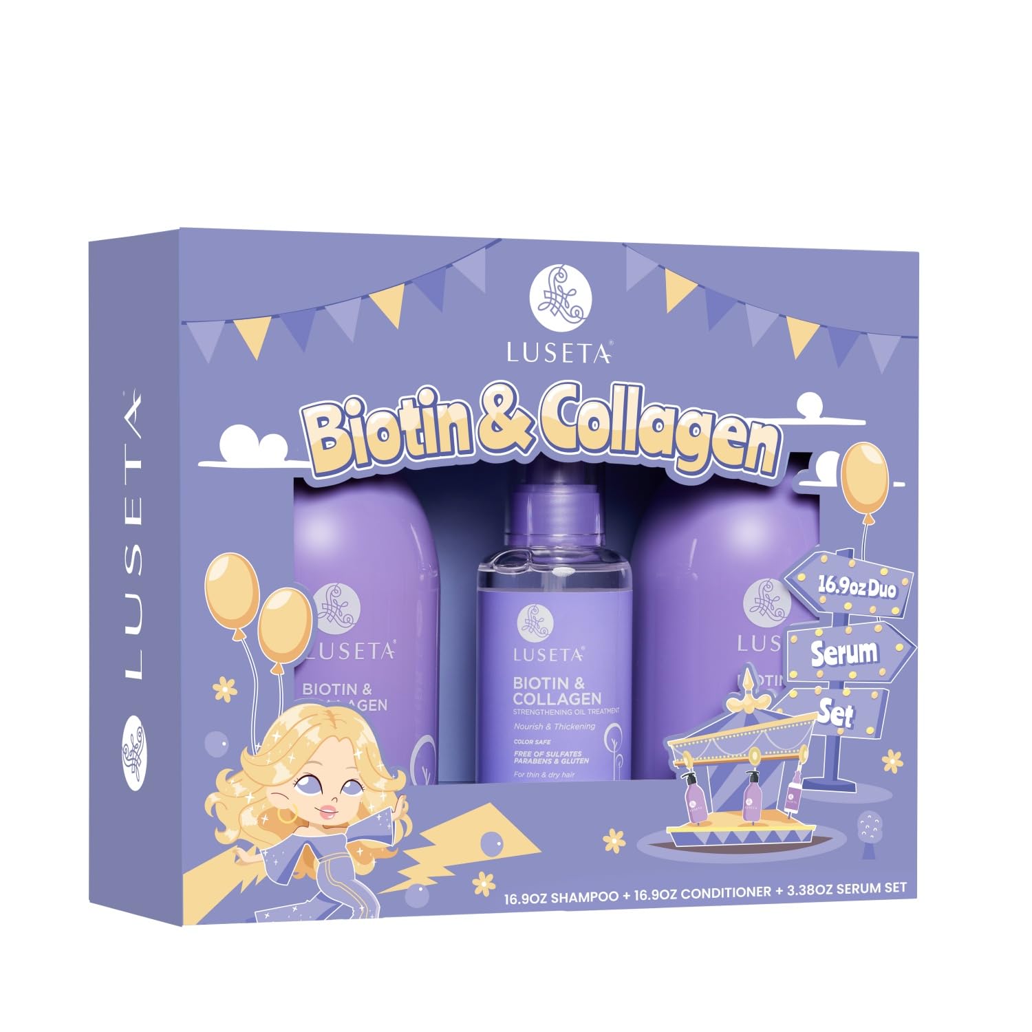 Luseta Biotin Trio Hair Care Set Moisturizing Shampoo and Conditioner Set 16.9 oz*2 and 3.38 oz Hair Serum Thickening for Thinning Damaged Dry Hair