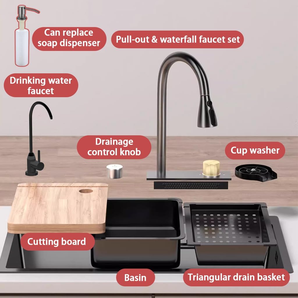 Dark Grey Single Bowl Stainless Steel Waterfall Kitchen Sink with Utility Hot & Cold Pull-Out Faucet,Knob Control Workstation Sink With Cup Washer,Drainage Basket (29.5 * 17.7 * 8.3in)