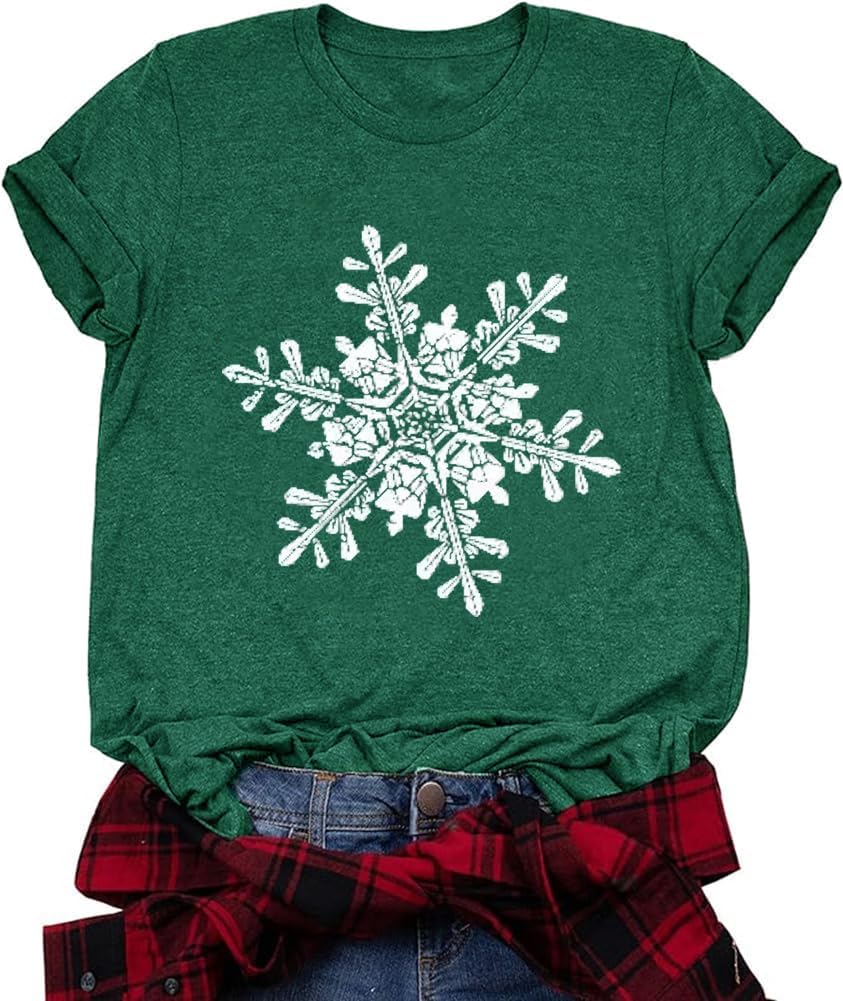 Laibao Christmas Shirts for Women Cute Snowflake Snow Graphic Xmas Tees Merry Christmas Tops Winter
