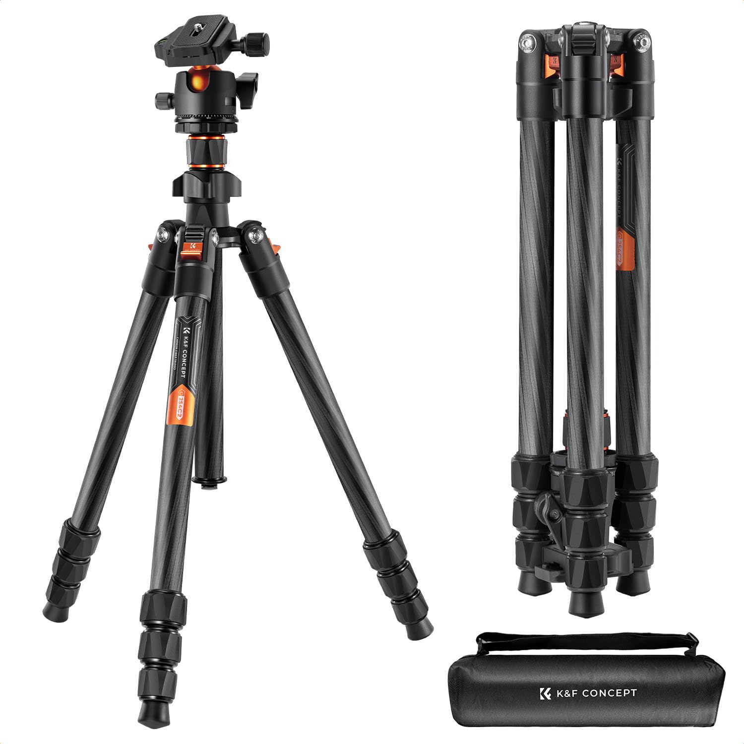 64 inch/163cm Carbon Fiber Camera Tripod,Lightweight Travel Tripod with 36mm Metal Ball Head Load Capacity 8kg/17.6lbs,Quick Release Plate,for DSLR Cameras Indoor Outdoor K254C2+BH-36L