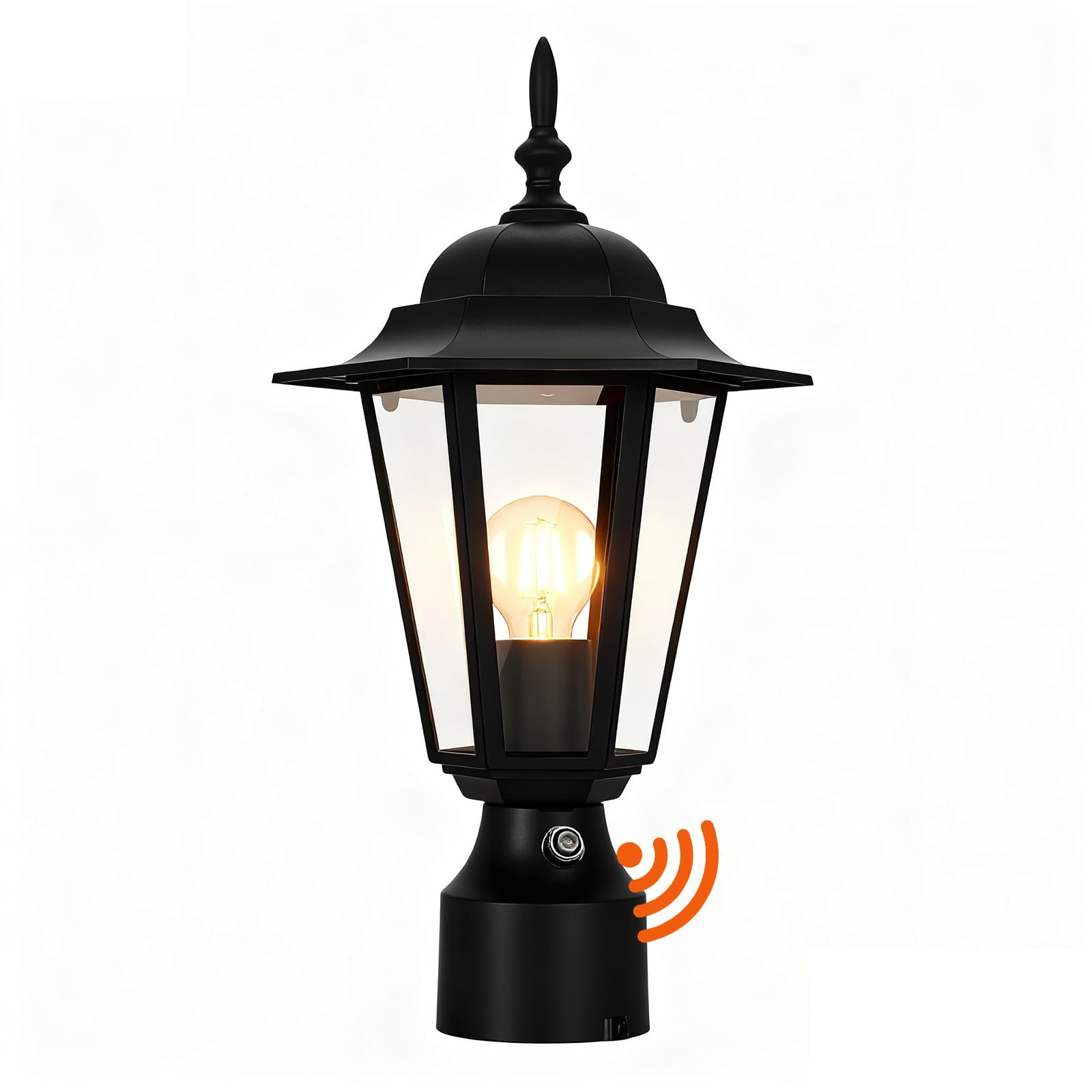 15" Dusk to Dawn Outdoor Post Light, Modern Black Outdoor Lamp Post Light Fixture, Lamp Posts Exterior Lighting Pole Lantern for Outside Porch Garage Street, Waterproof Aluminum & Glass, 1 Pack, E26