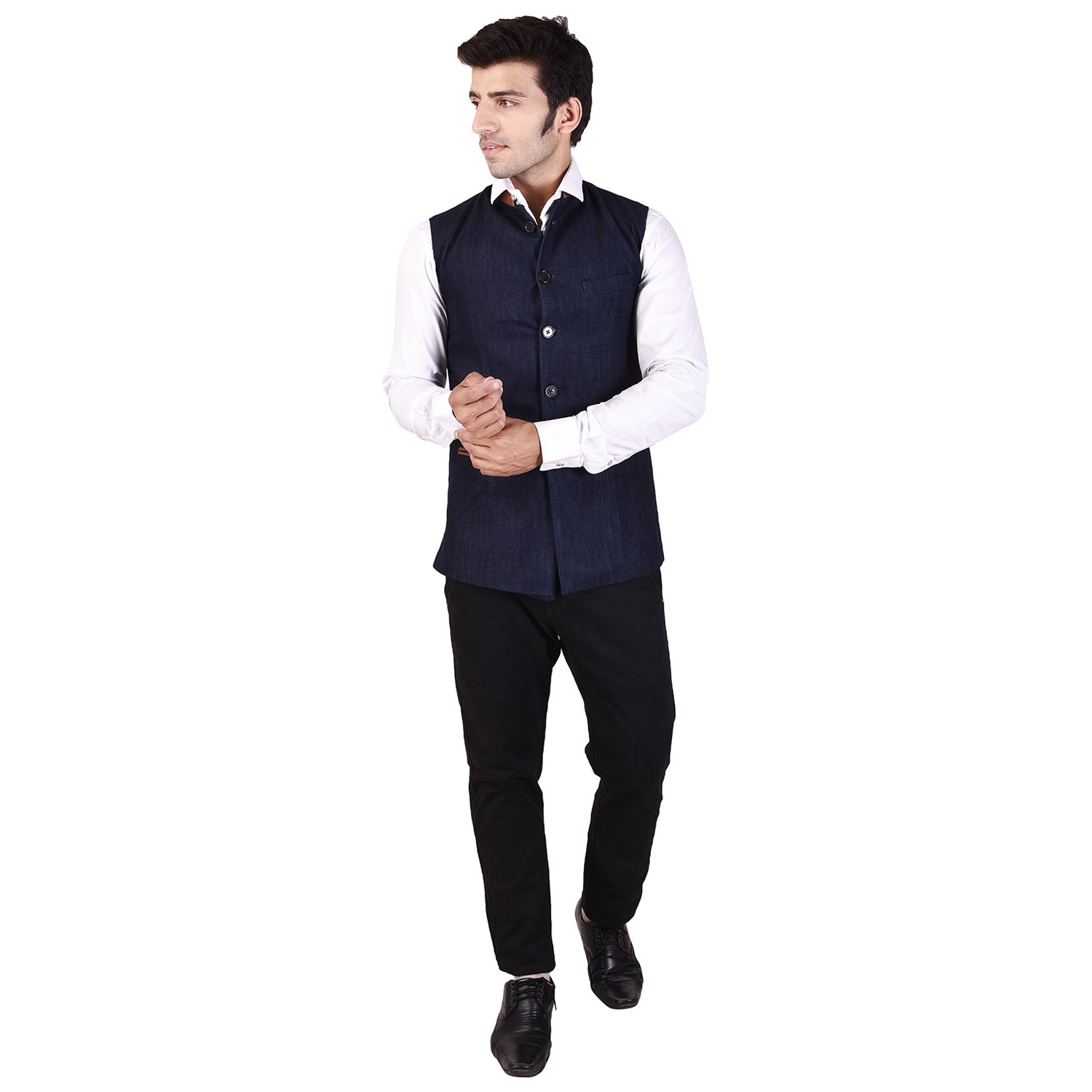 veera paridhaan Men's Solid Blue Denim Nehru Jacket-picture-24