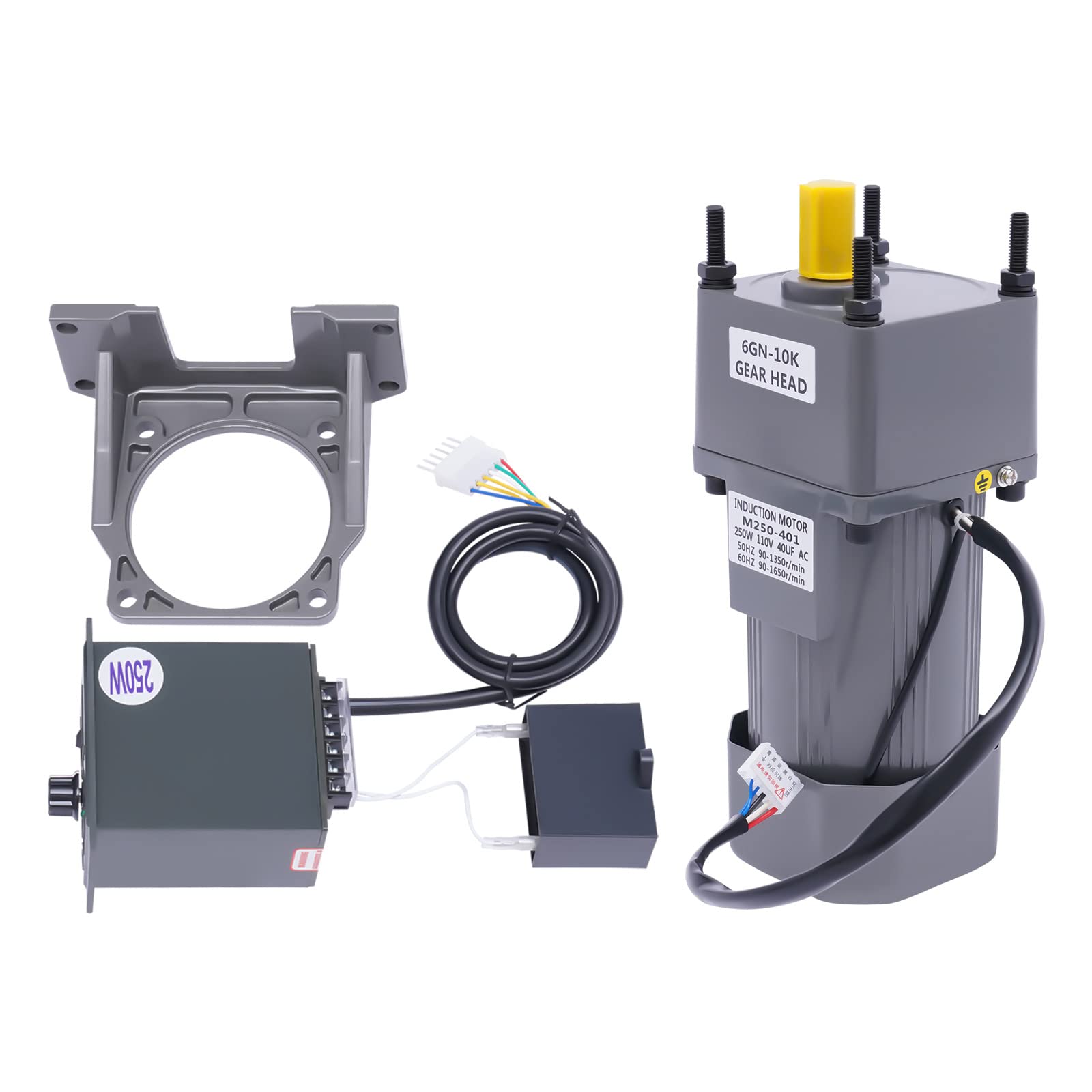Electric Motor Gear Reduction Motor 250W 10K Adjustable Speed AC Gear Motor, 0-135rpm Portable Reversible Single-Phase Variable Gear Reducer with Speed Controller & Bracket(Reduction Ratio 1:10)