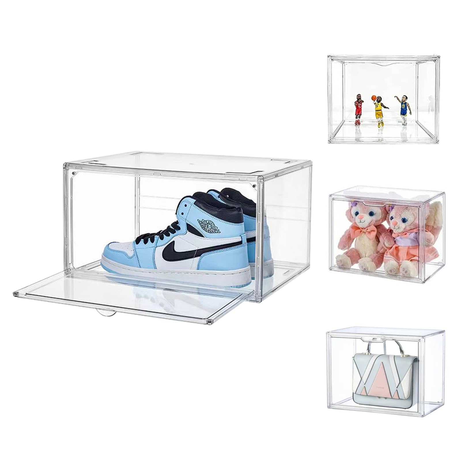 MECC 3 Pack Transparent Stackable Shoe Box,14.5x11x7.8in Acrylic Sneaker Box Storage,Large Display Case Organizer with Lids Magnetic Door (Transparent/Side open)