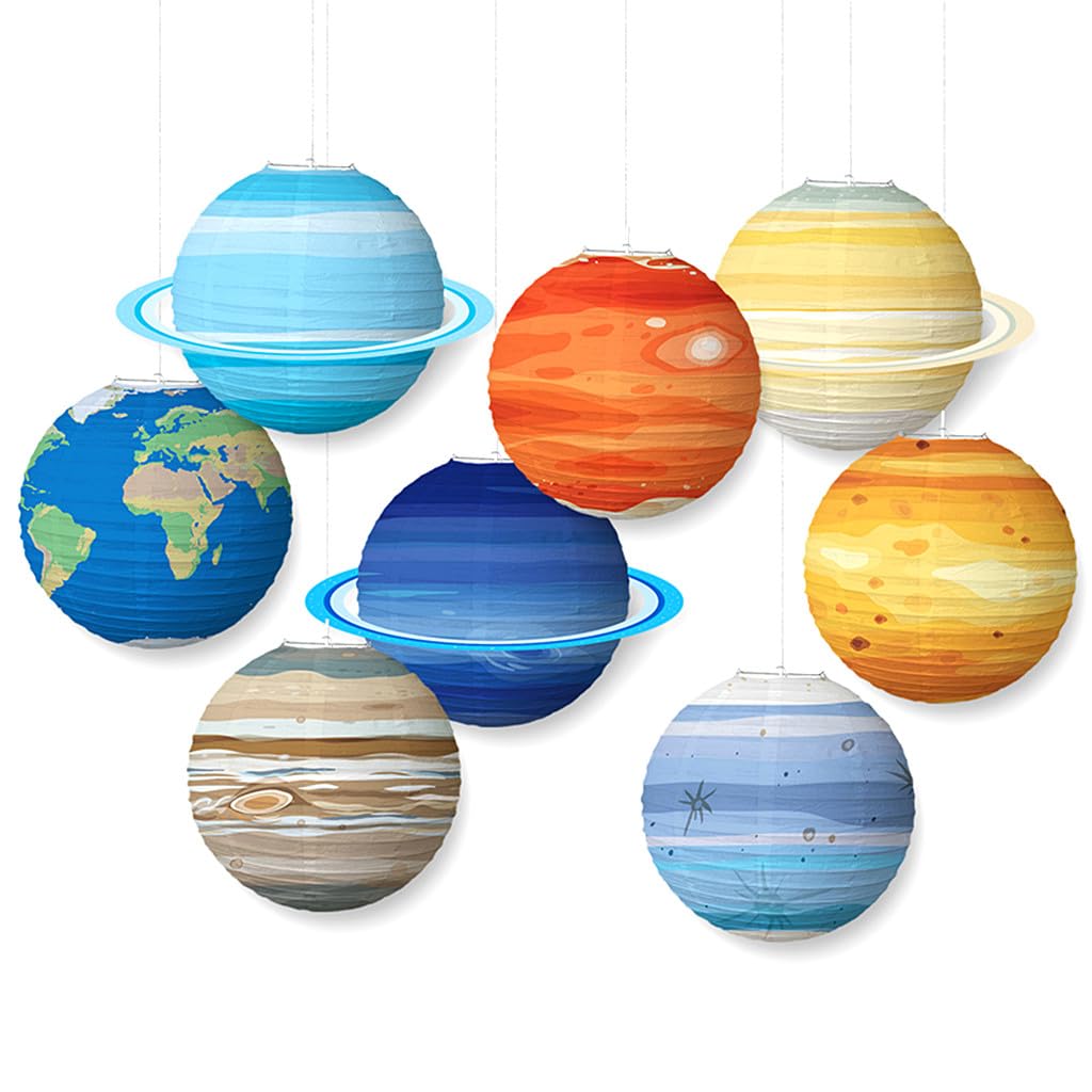 Folding Outer Space Planet Paper Lanterns Reusable Solar System Planets Hanging Lanterns Ornament Lamp Cover for Outer Space Birthday Party Home Decoration Supplies (12 inches;8pcs)