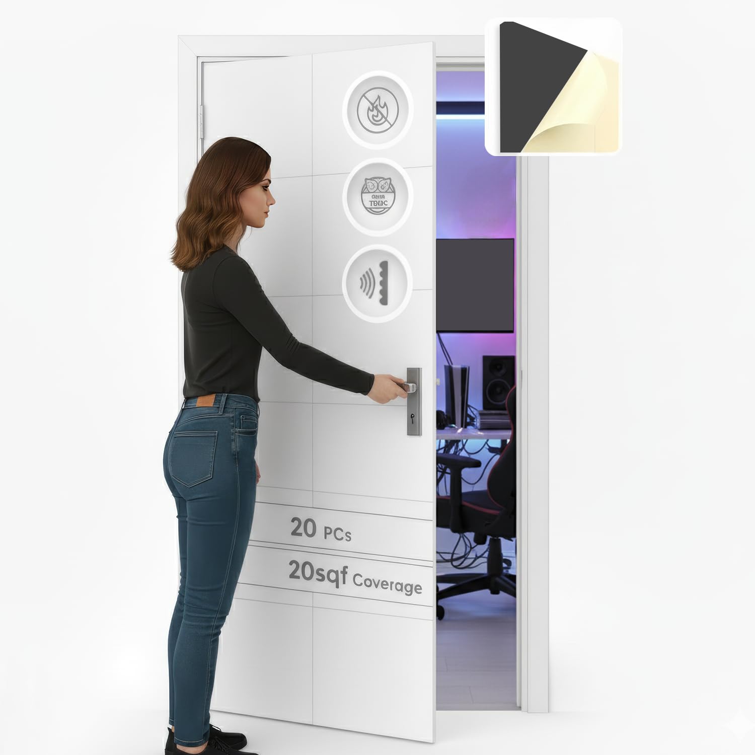 Arrowzoom 20 Pack Soundproof Door Kit Panels – 12"x12" White Acoustic Foam Tiles, Self-Adhesive High-Density Noise Reduction Pads for Doors, Studios, Podcast Rooms & Offices KK1184