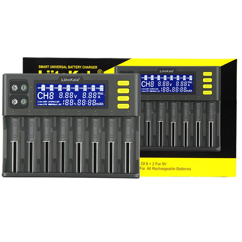 Chargeur de Batterie 18650, LiitoKala LII-S8 Chargeur de Batterie 9V avec écran LCD, Chargeur Batterie pour Li-ION LiFePO4 Ni-MH Ni-CD AA AAA C 21700 26650 13650 16340 18700 RCR123, 8 Baies