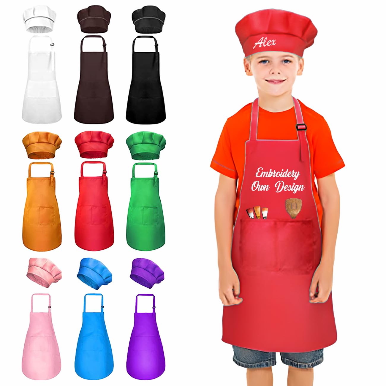 Colifolu Personalised Kids Apron with Embroidered Name,Customisable Cooking Baking Role Play Chef Hat for Children & Adults (Red)