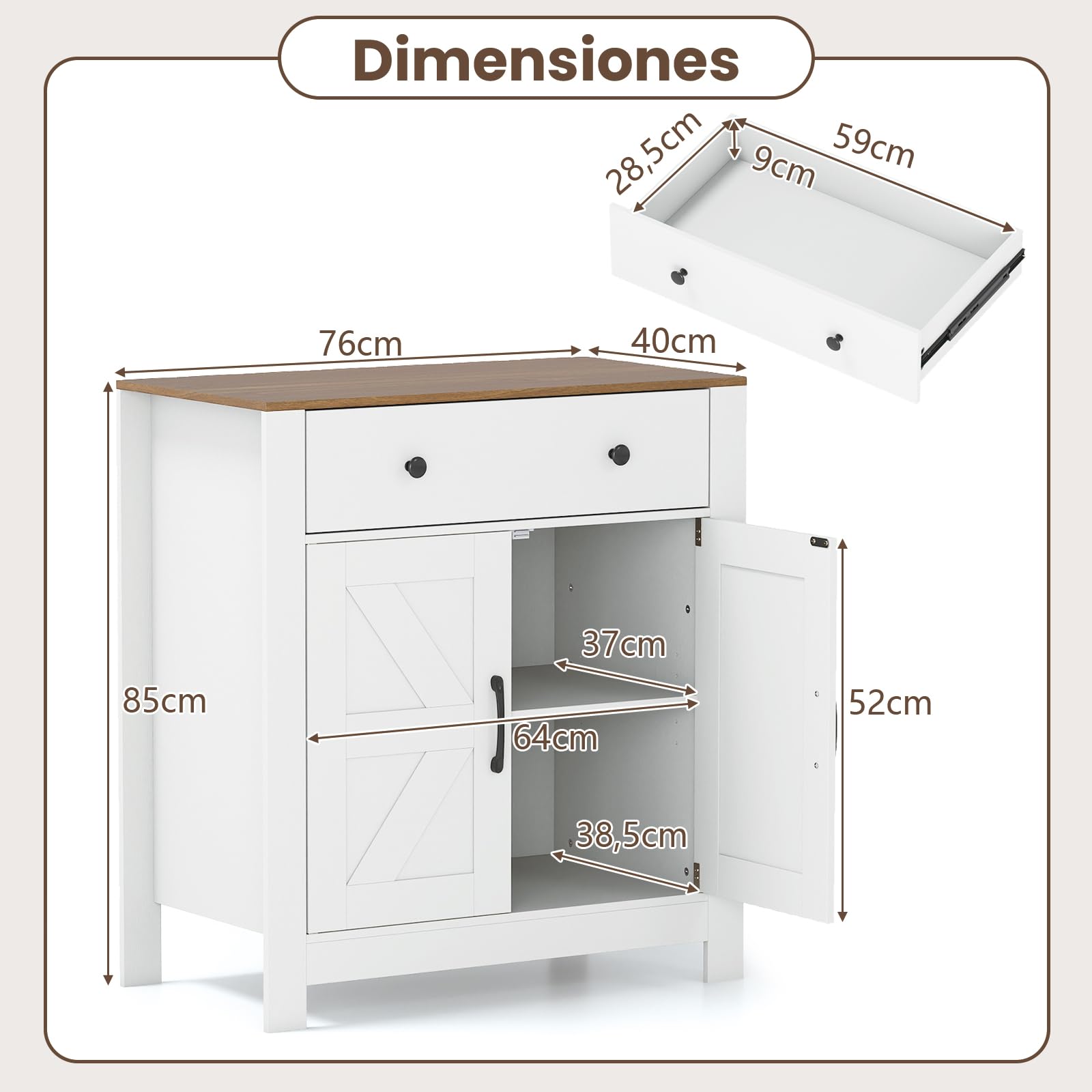 COSTWAY Mueble Auxiliar de Cocina, 76 x 40 x 85 cm, Aparador de Entrada Bajo con 1 Cajón, 2 Puertas y Estante Ajustable, Armario de Almacenamiento para Cocina, Salón, Entrada, Blanco y Natural